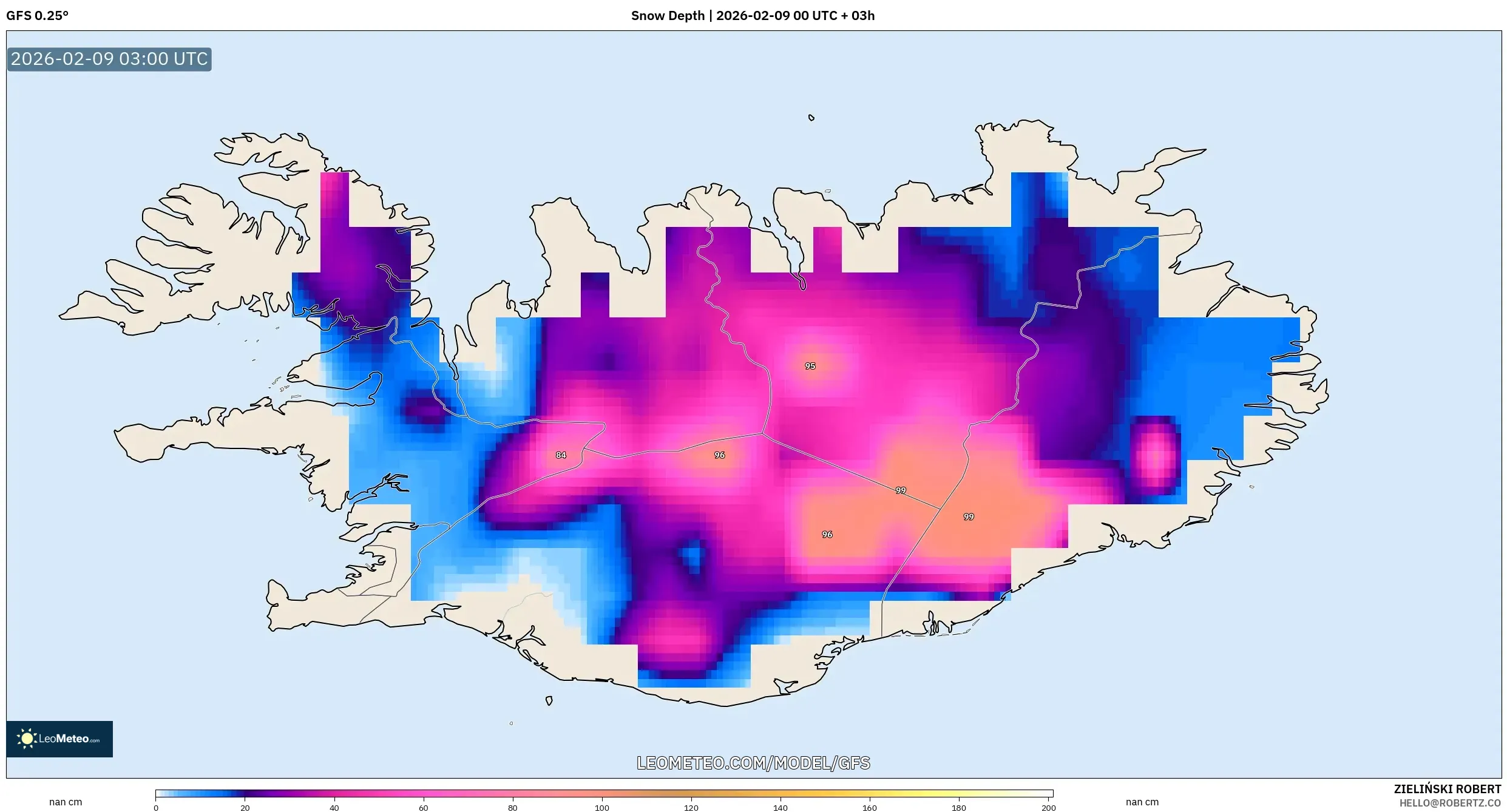GFS model - Iceland, Ketebalan Salji