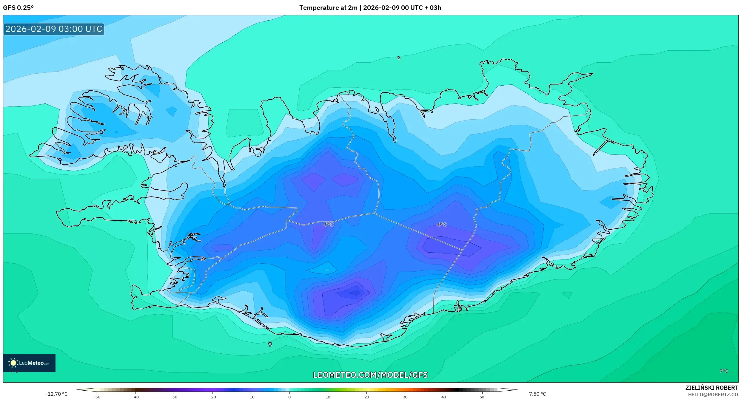GFS model - Iceland, Suhu pada 2 m