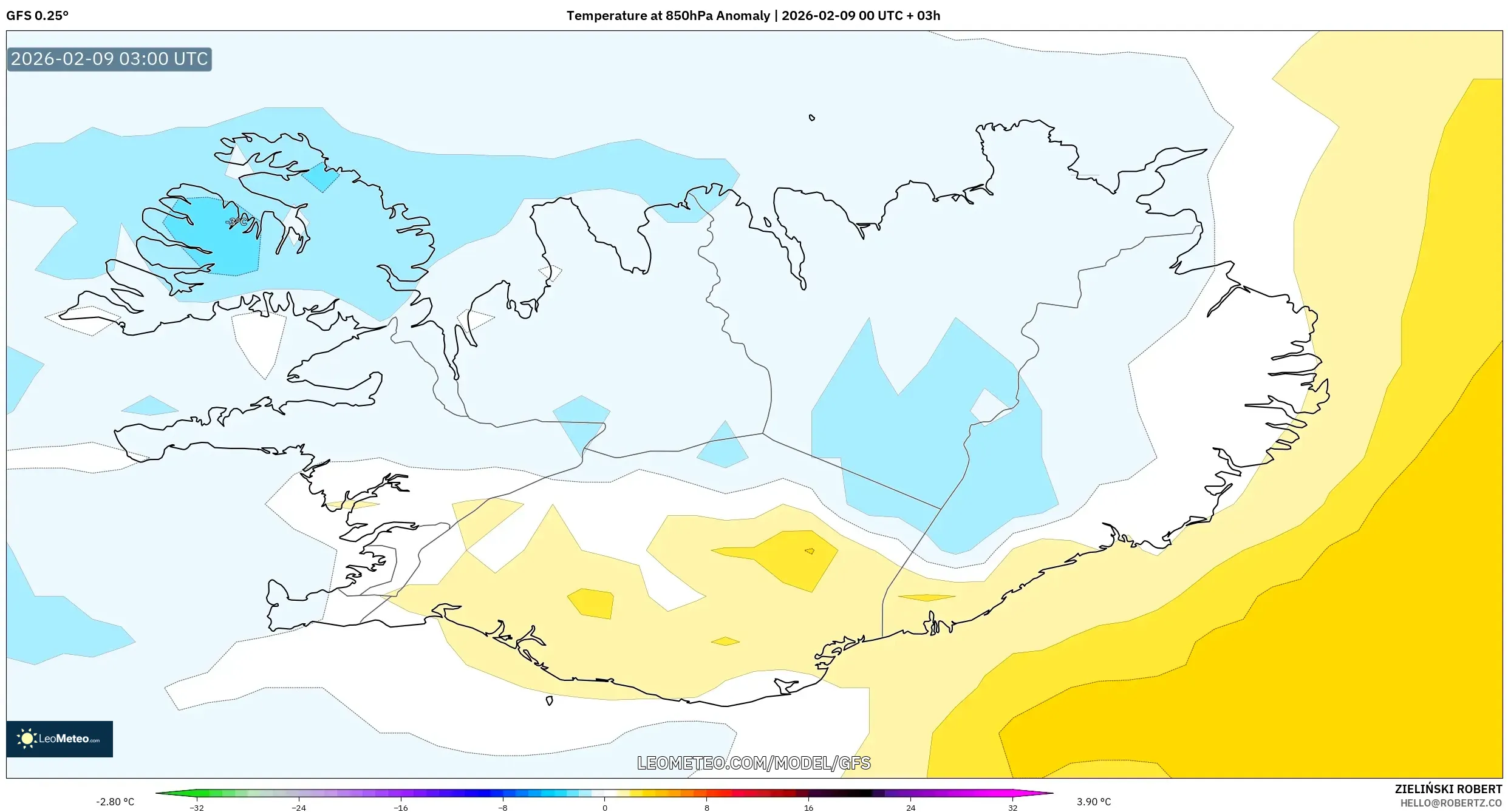 GFS model - Iceland, Anomali Suhu 850 hPa
