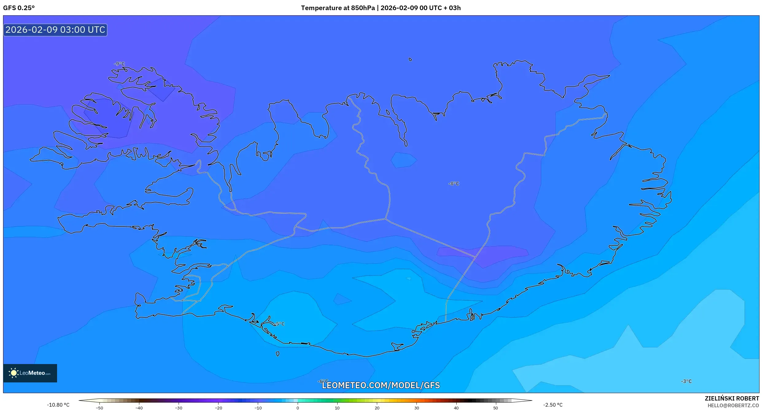 GFS model - Iceland, Suhu 850 hPa
