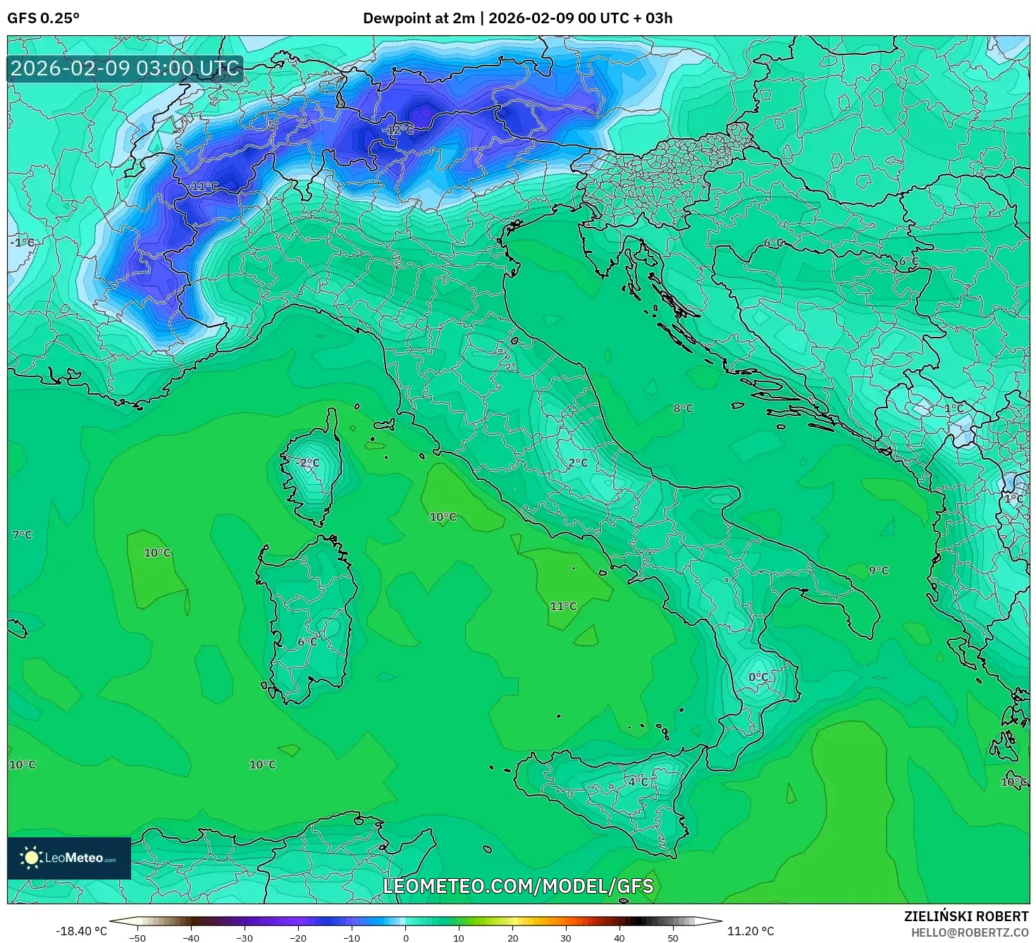 GFS model - Itali, Takat Embun 2 m
