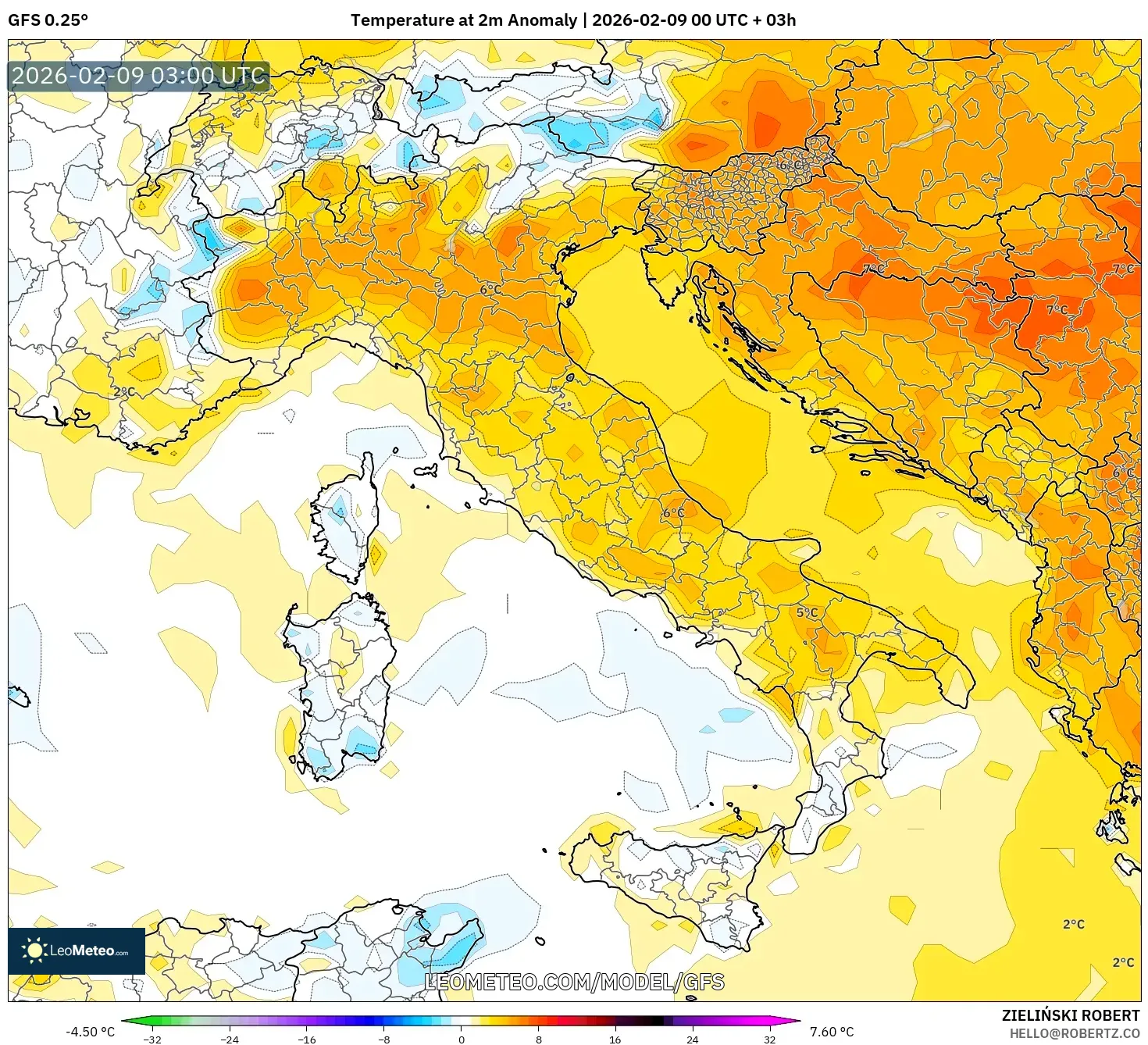 GFS model - Itali, Anomali Suhu 2 m