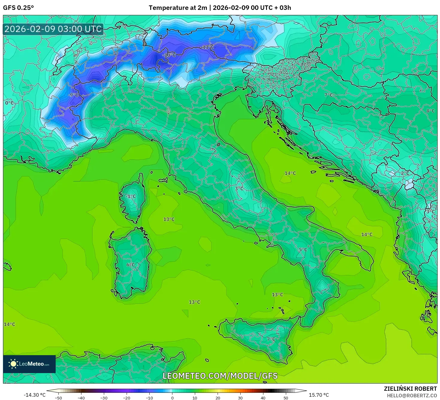 GFS model - Itali, Suhu pada 2 m