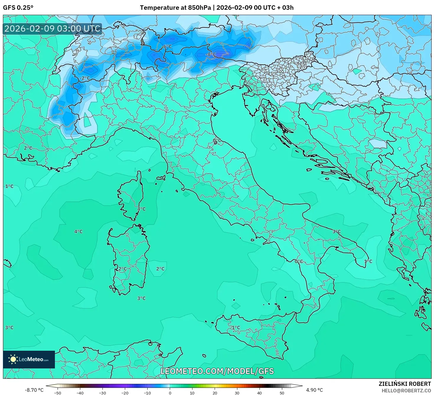 GFS model - Itali, Suhu 850 hPa