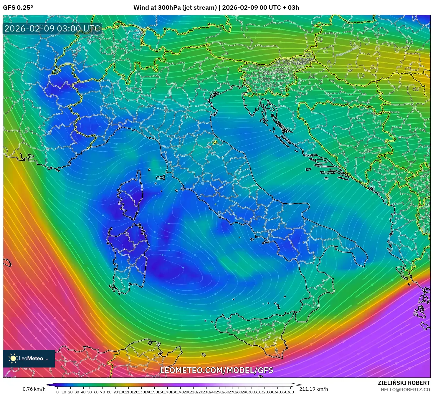 GFS model - Itali, Angin 300 hPa (aliran jet)