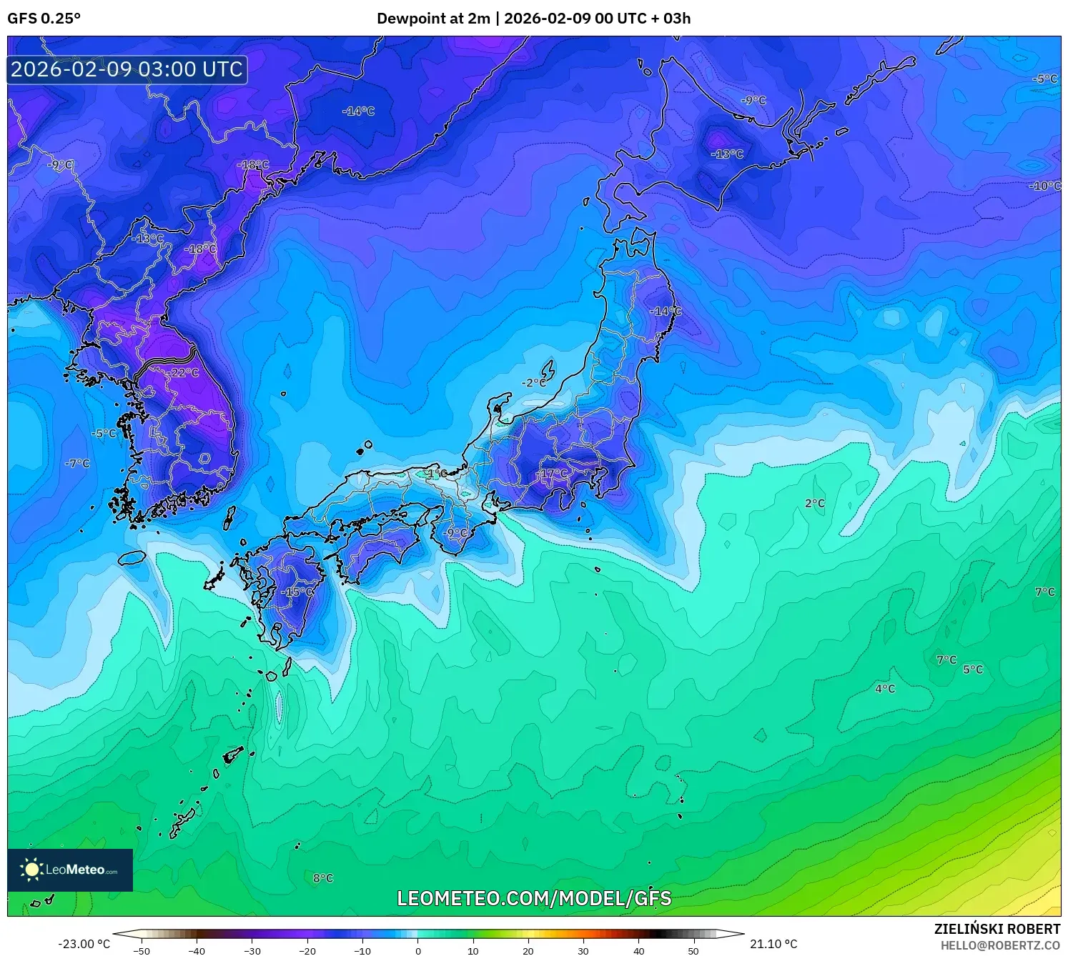 GFS model - Jepun, Takat Embun 2 m