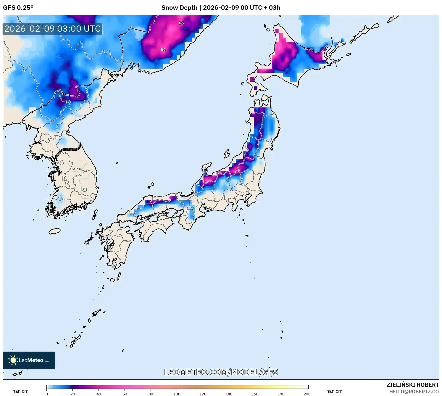 GFS model - Jepun, Ketebalan Salji