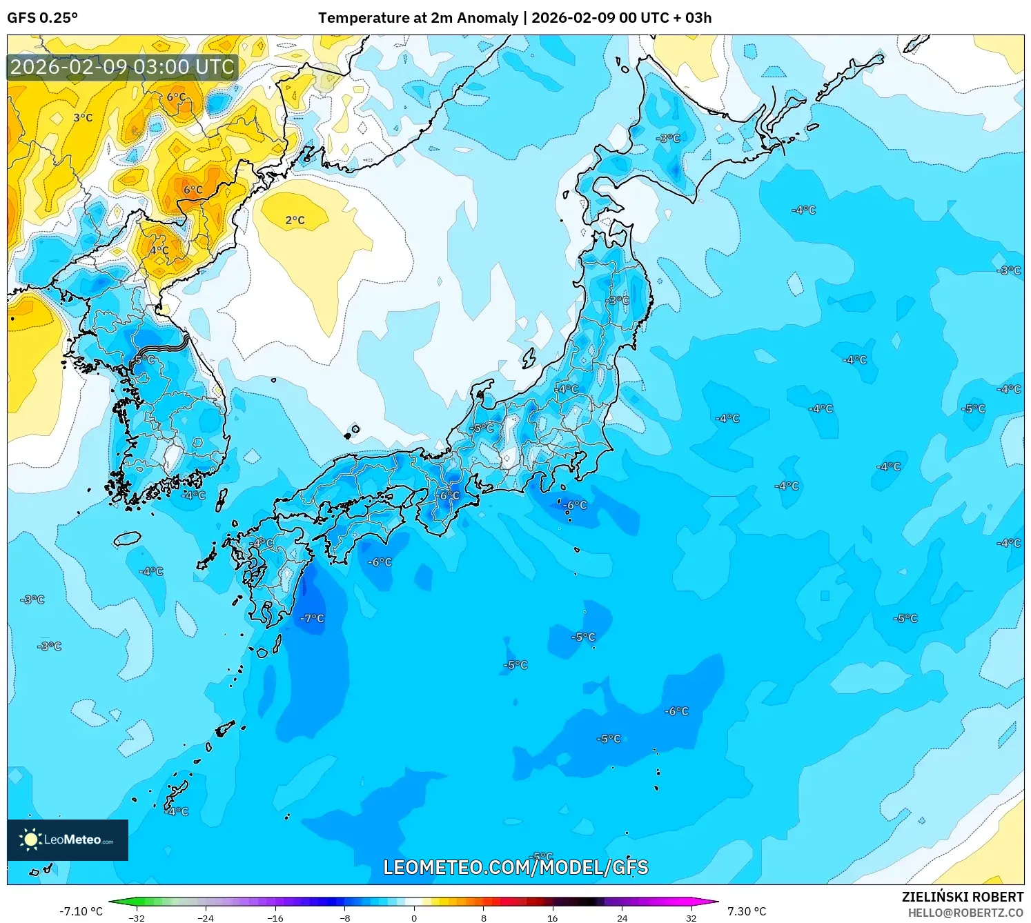 GFS model - Jepun, Anomali Suhu 2 m