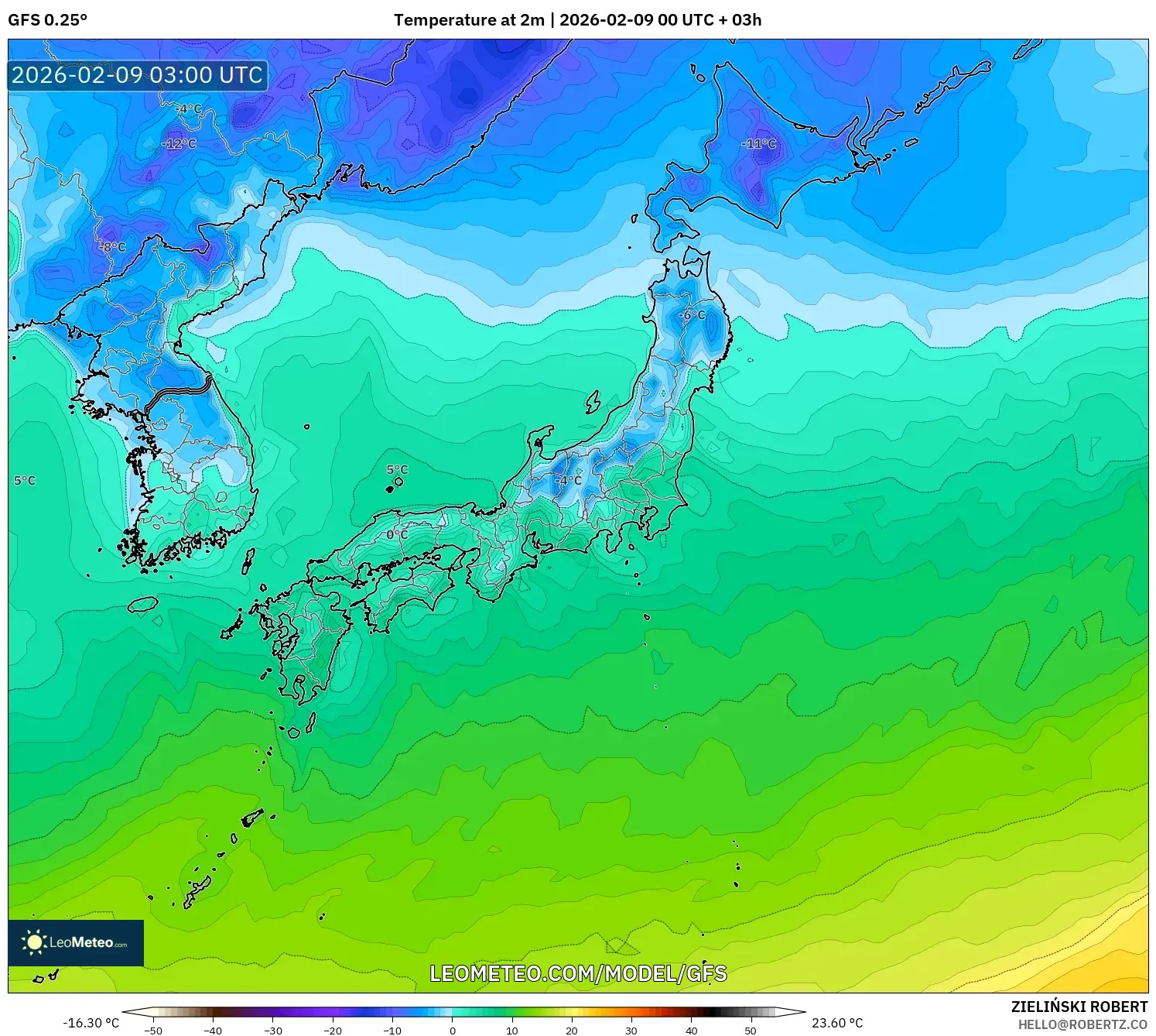 GFS model - Jepun, Suhu pada 2 m