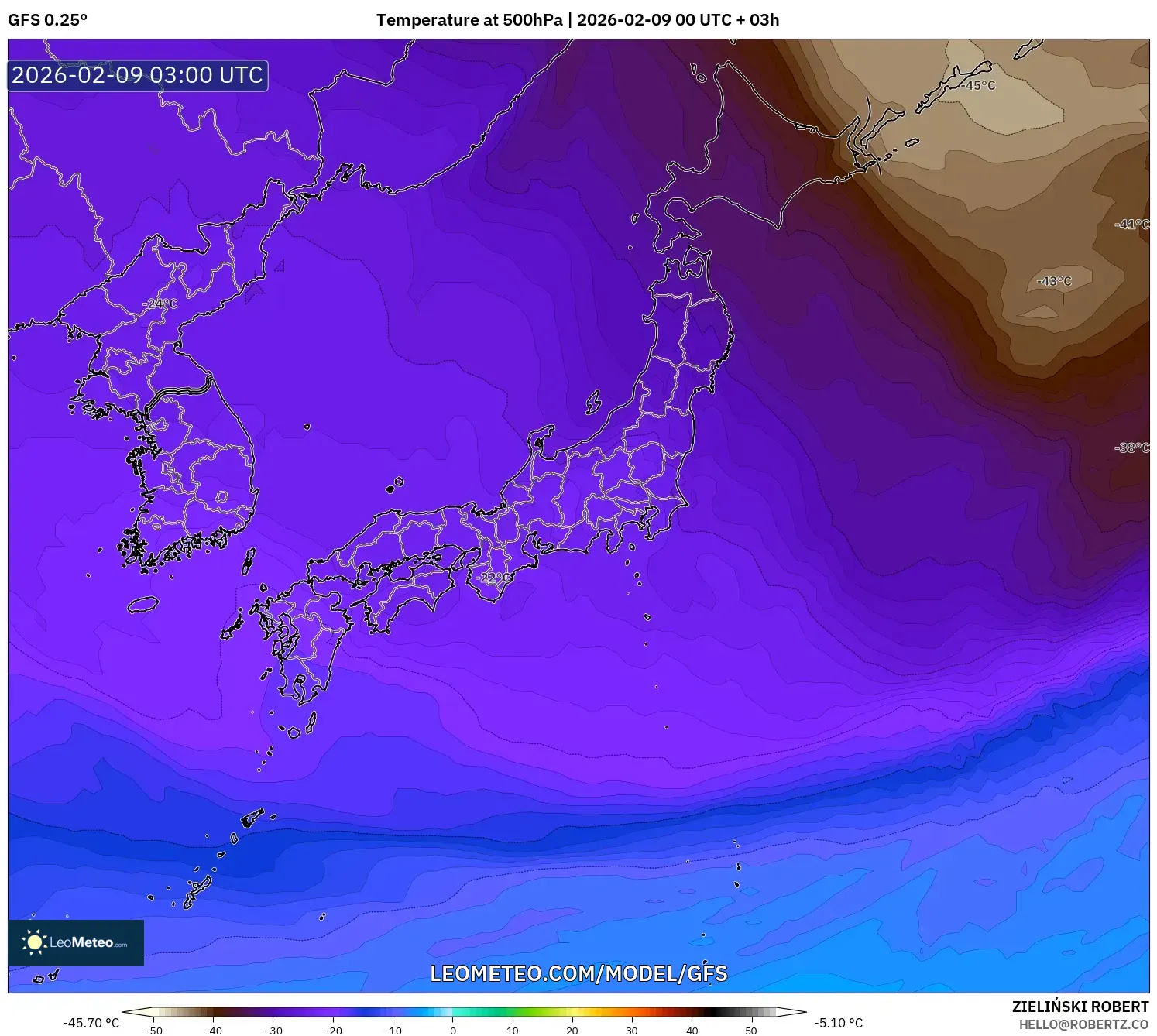 GFS model - Jepun, Suhu 500 hPa