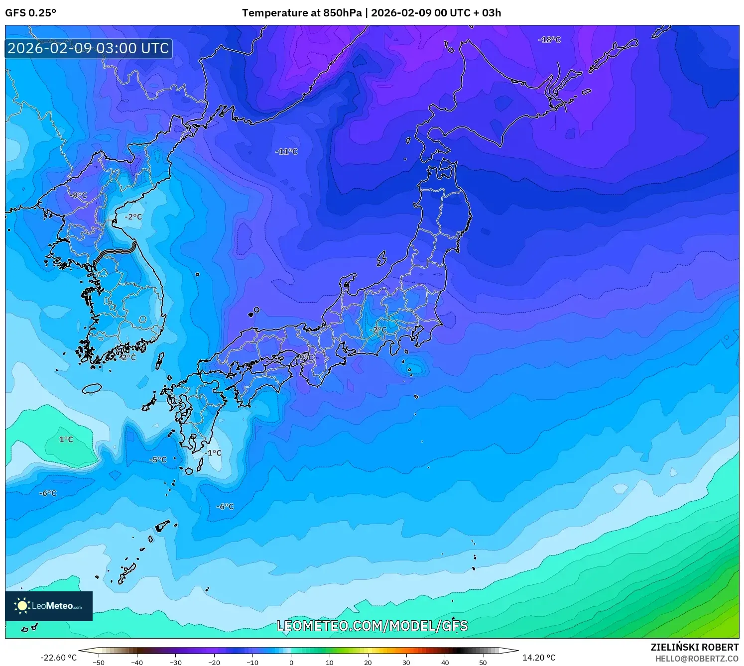 GFS model - Jepun, Suhu 850 hPa