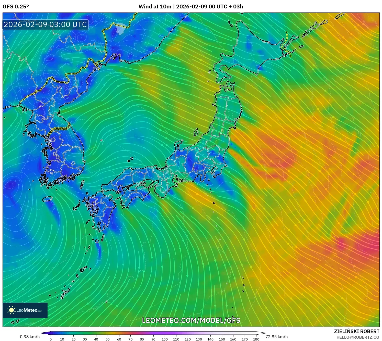 GFS model - Jepun, Angin 10 m