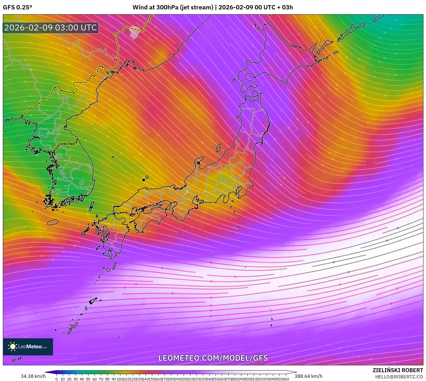 GFS model - Jepun, Angin 300 hPa (aliran jet)