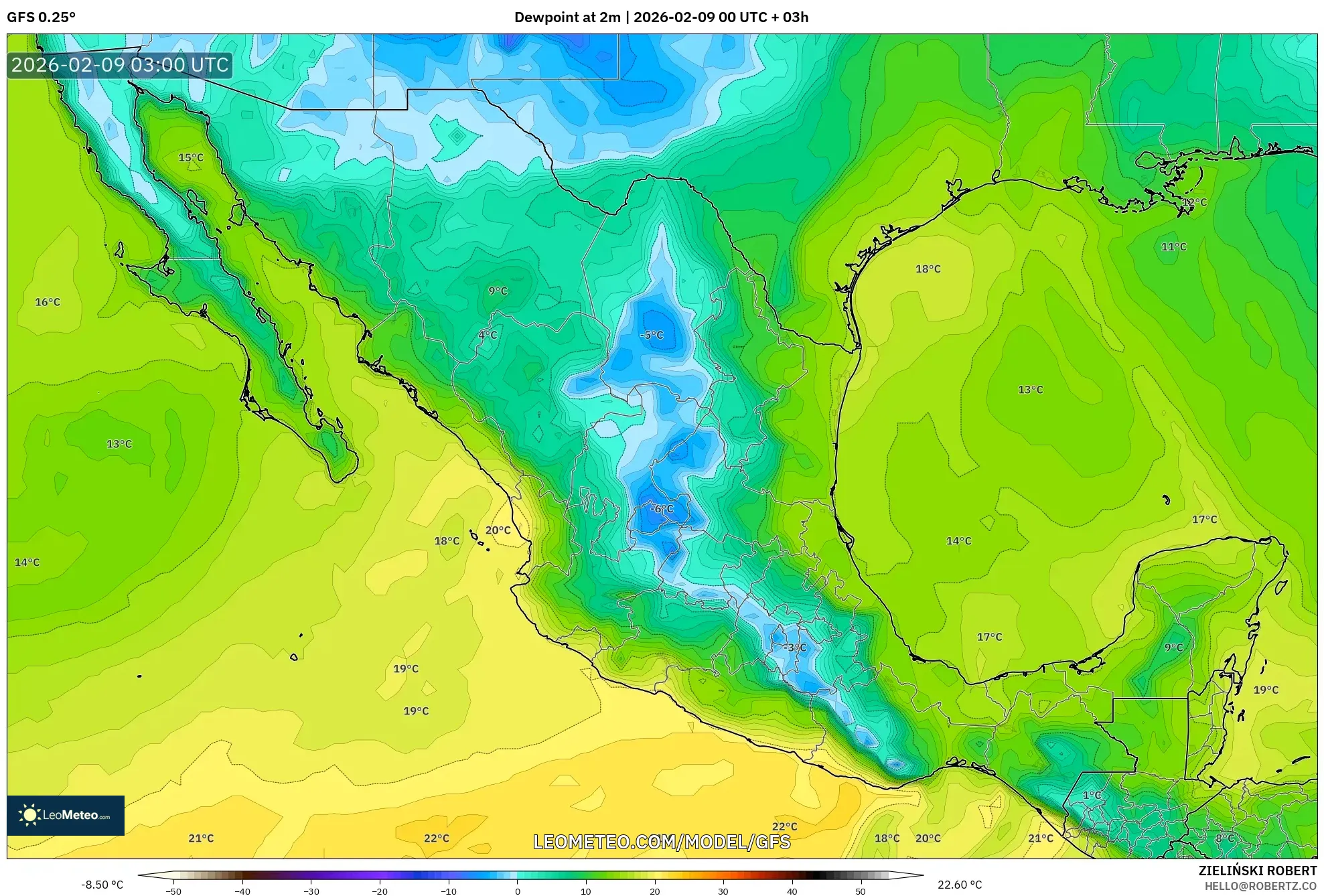 GFS model - Mexico, Takat Embun 2 m