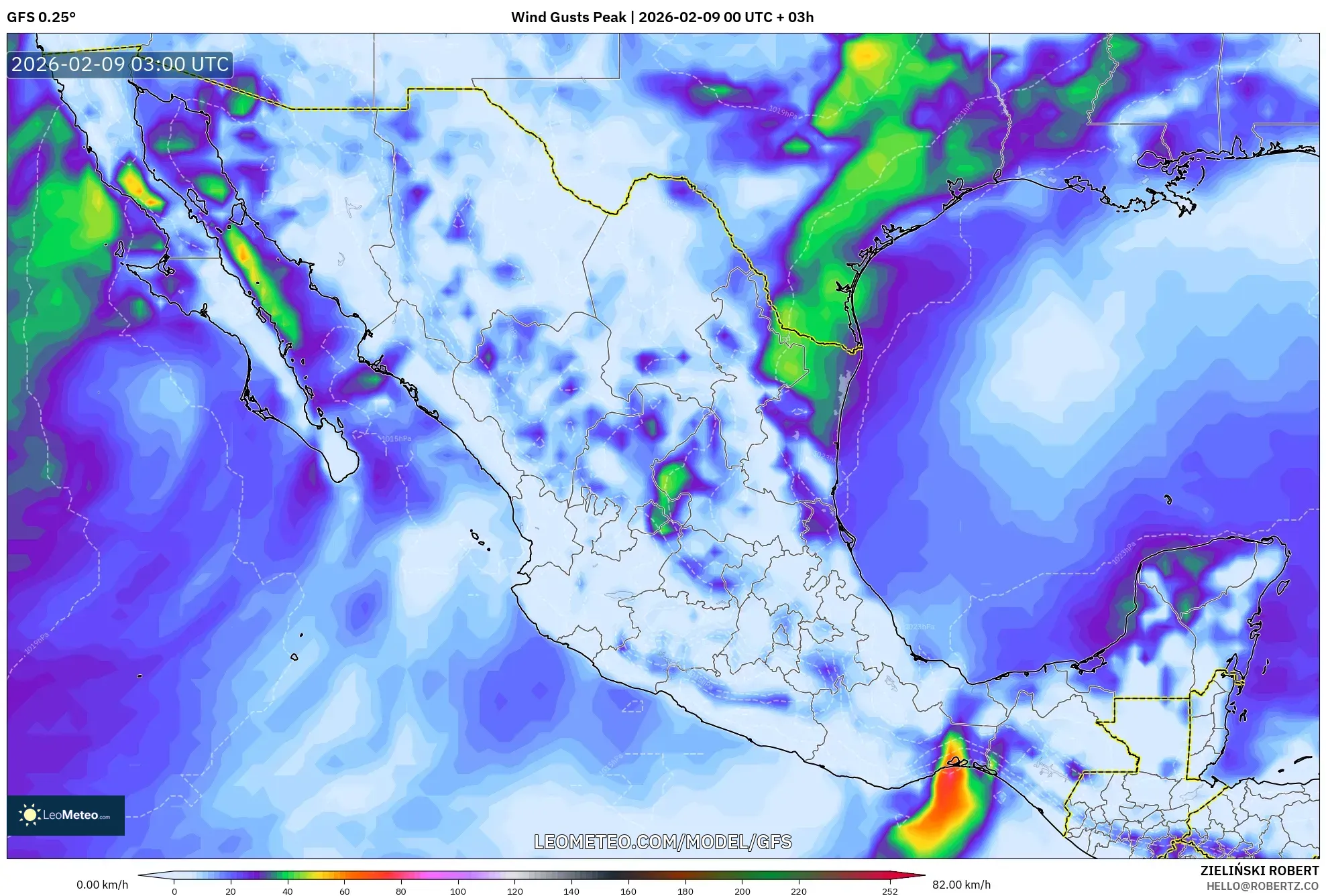 GFS model - Mexico, Hembusan Tertinggi