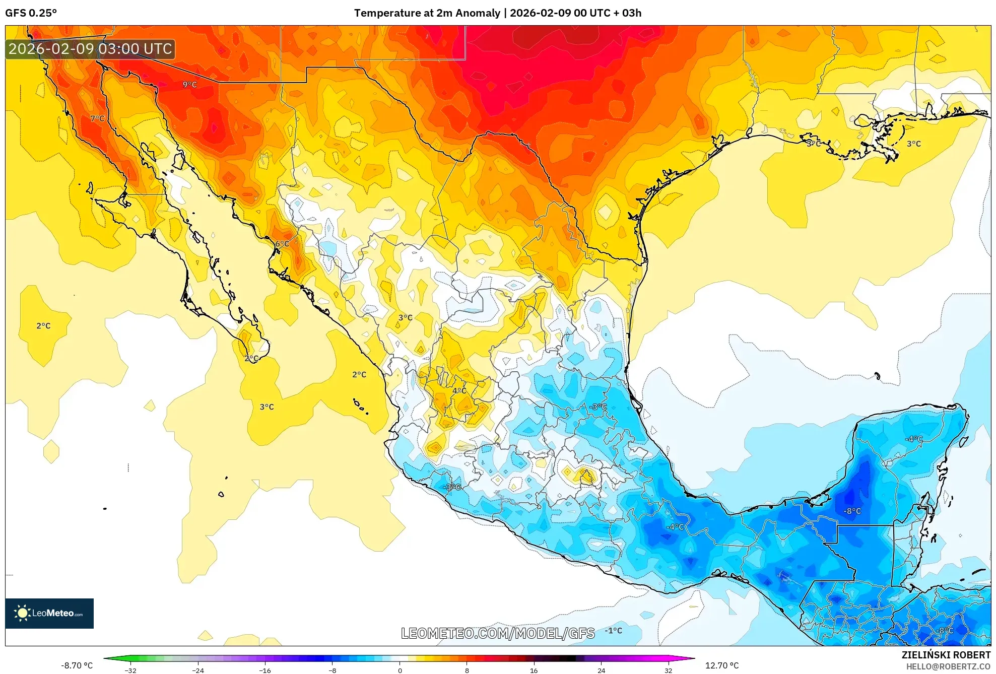 GFS model - Mexico, Anomali Suhu 2 m