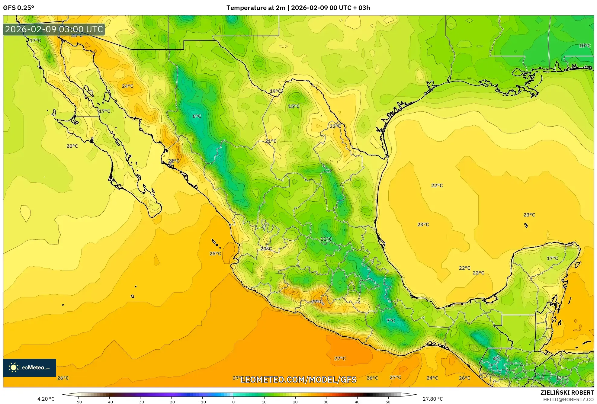 GFS model - Mexico, Suhu pada 2 m
