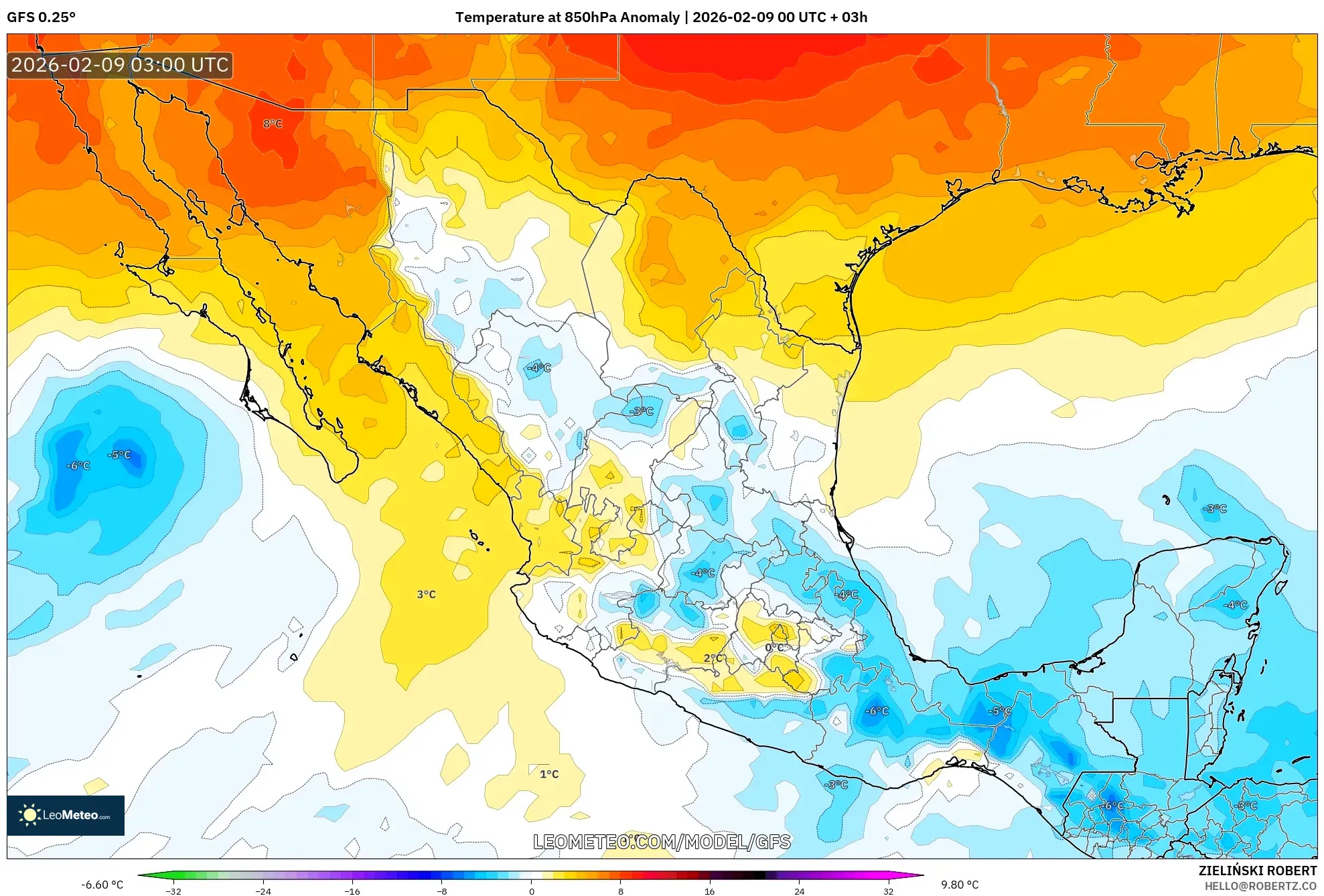 GFS model - Mexico, Anomali Suhu 850 hPa