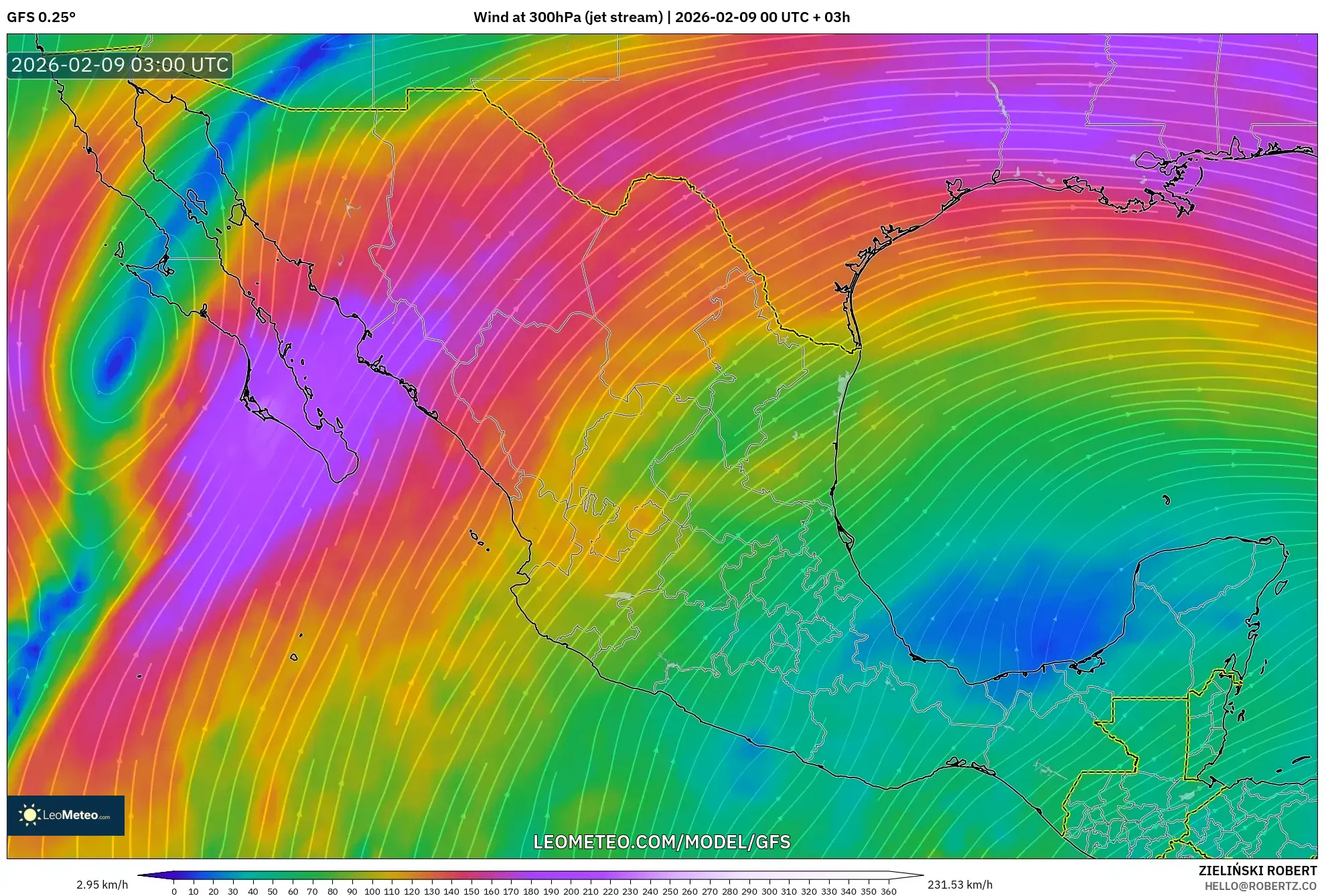 GFS model - Mexico, Angin 300 hPa (aliran jet)