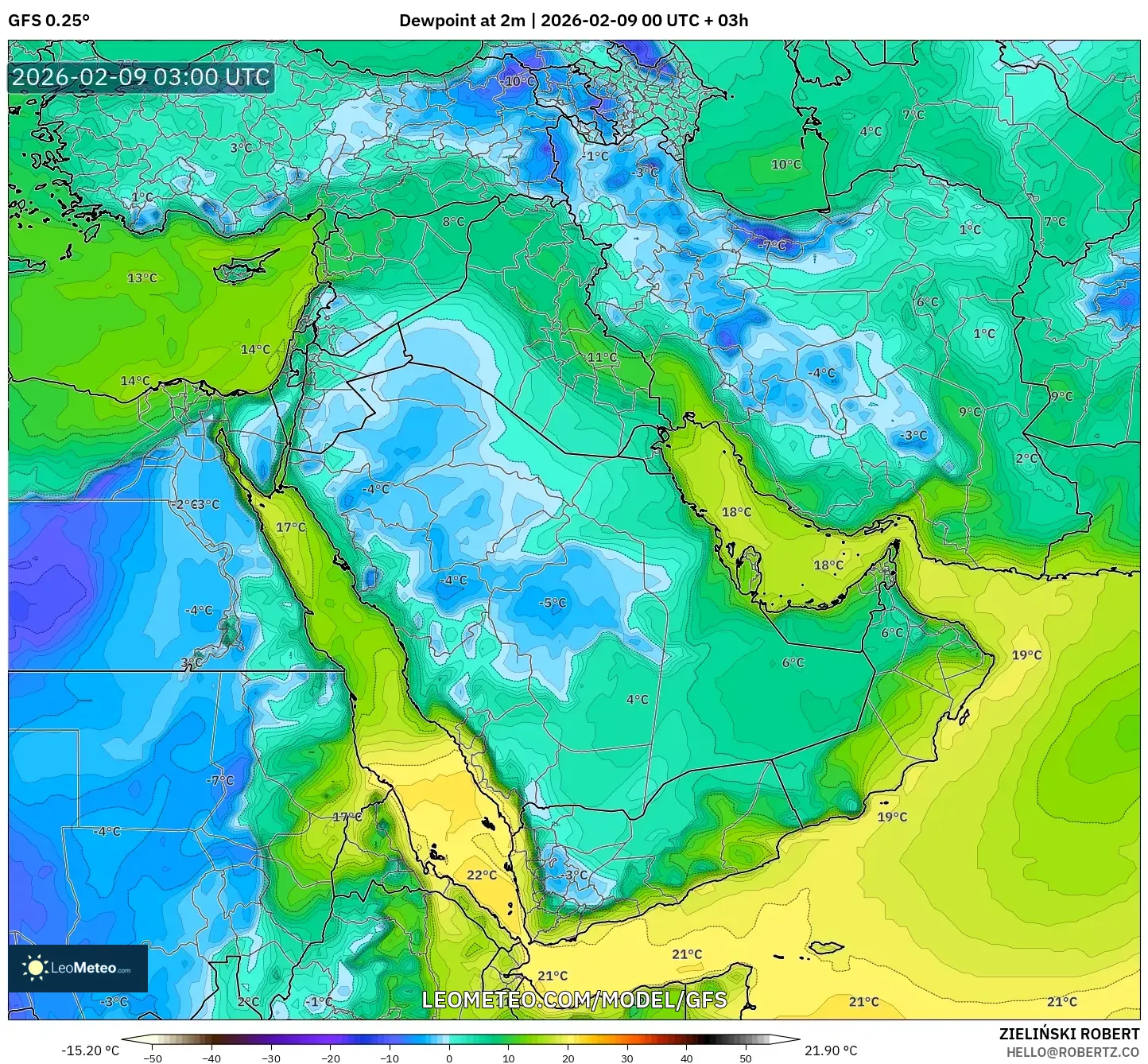 GFS model - Timur Tengah, Takat Embun 2 m