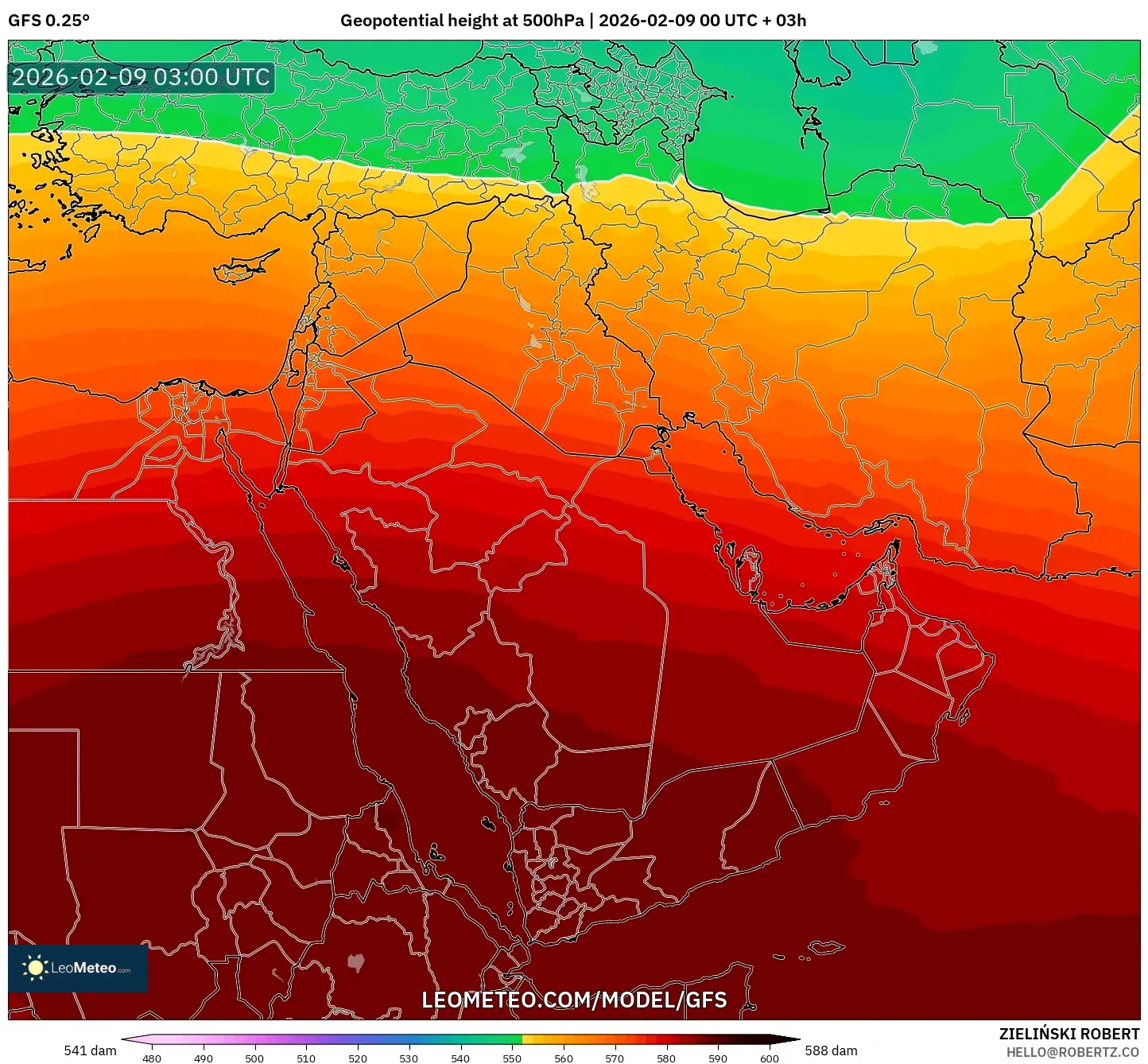 GFS model - Timur Tengah, Ketinggian geopotensial pada 500 hPa