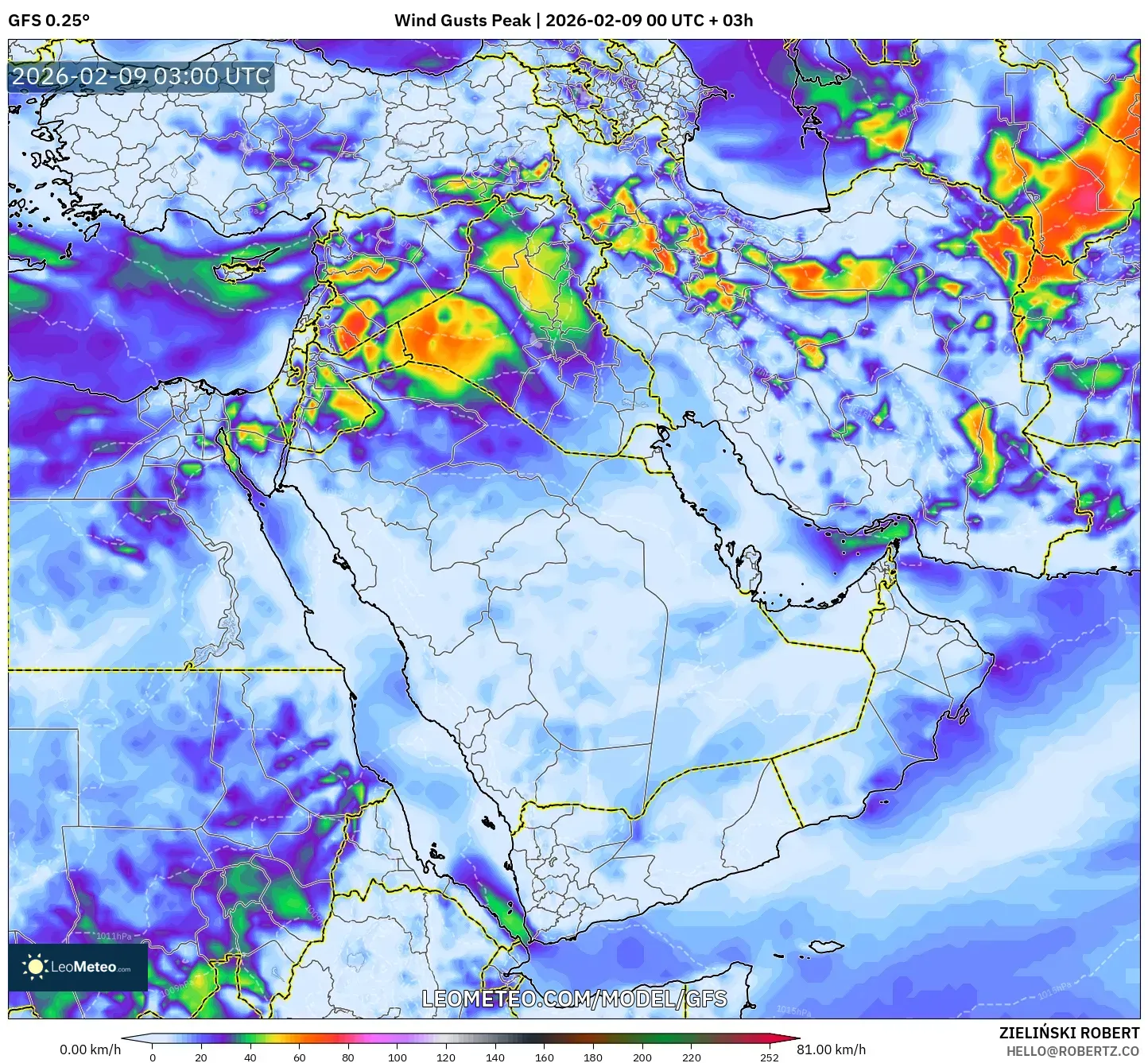 GFS model - Timur Tengah, Hembusan Tertinggi
