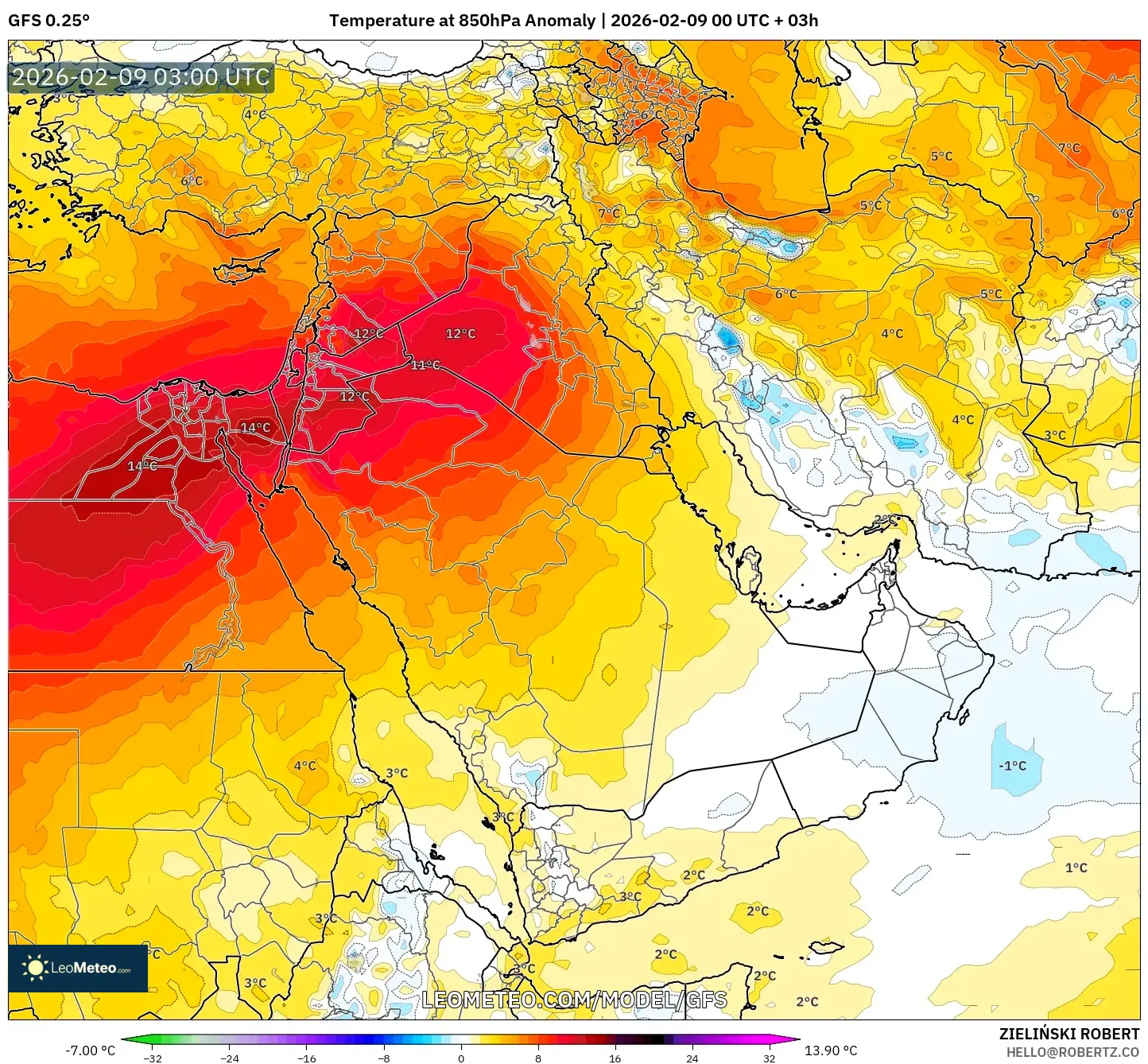 GFS model - Timur Tengah, Anomali Suhu 850 hPa
