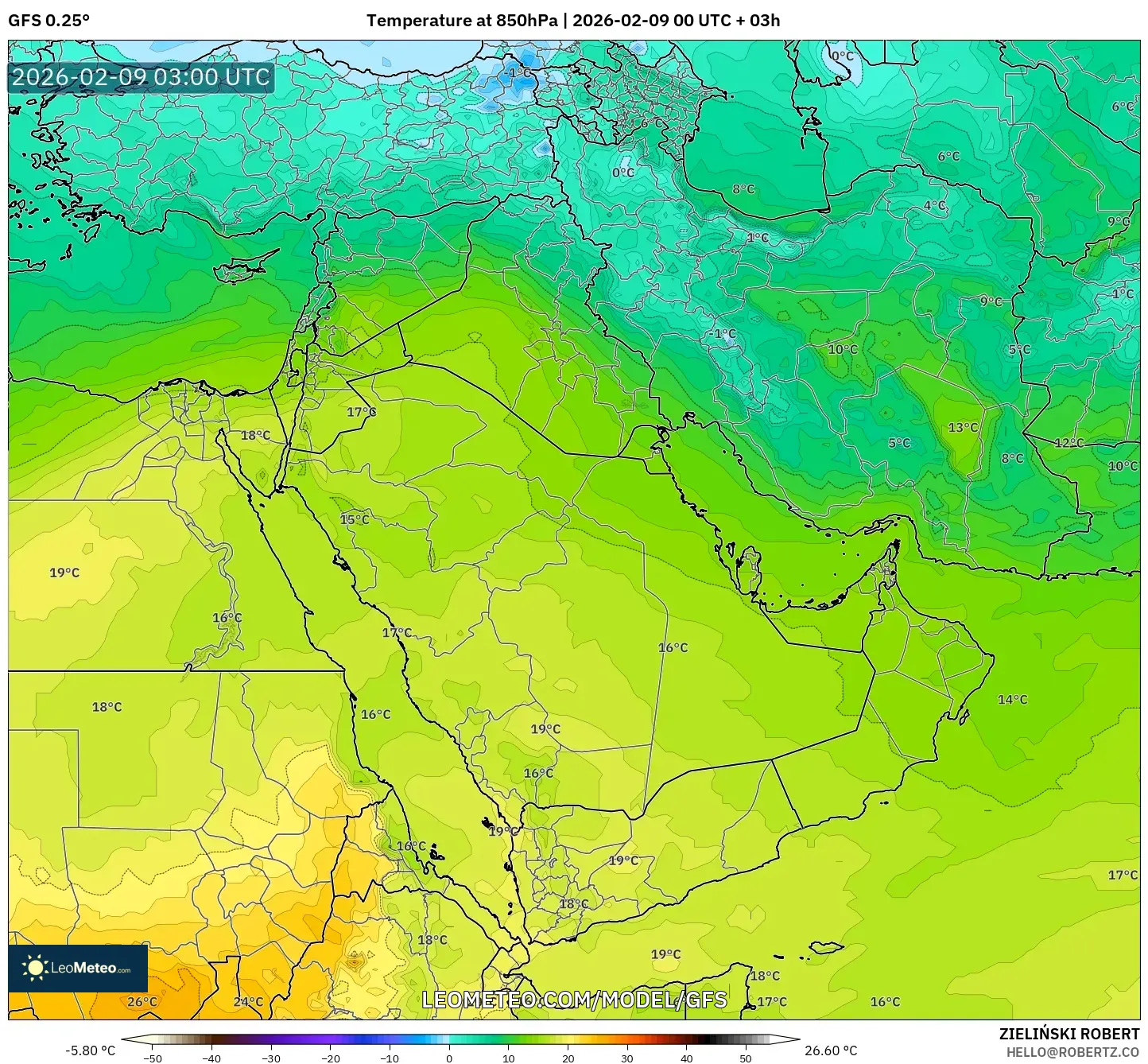 GFS model - Timur Tengah, Suhu 850 hPa