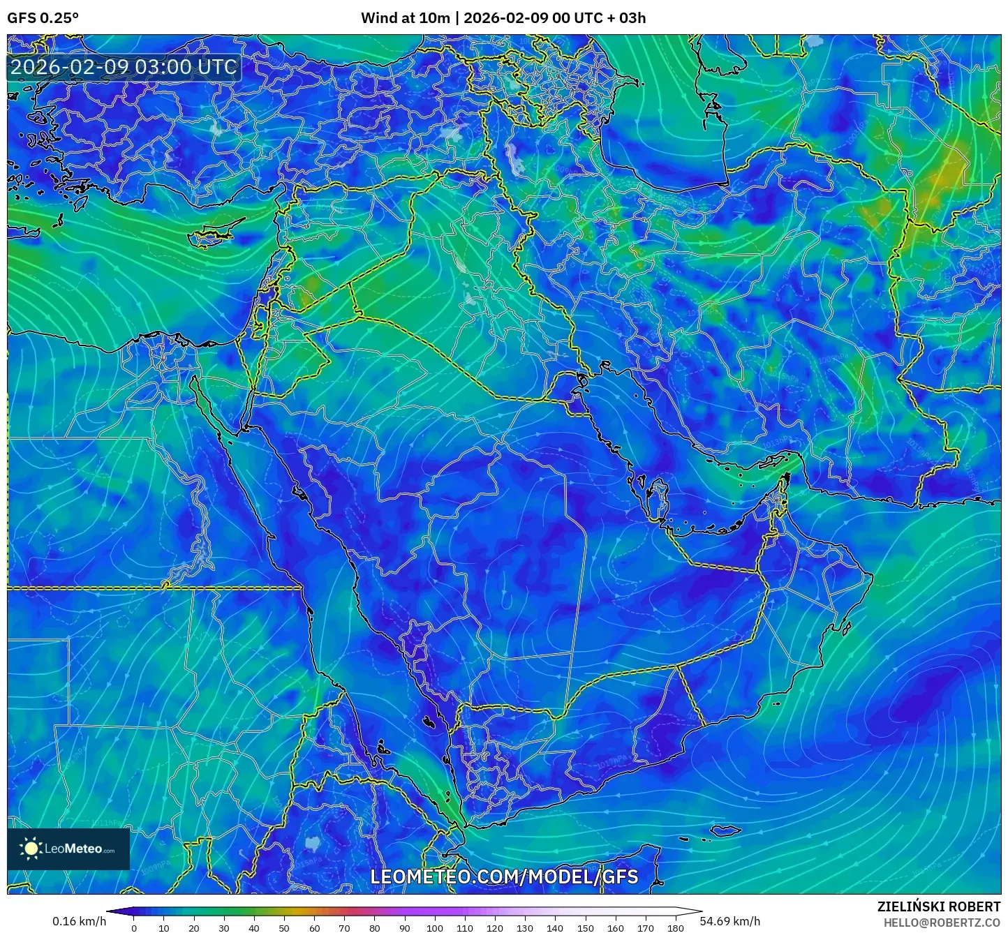 GFS model - Timur Tengah, Angin 10 m