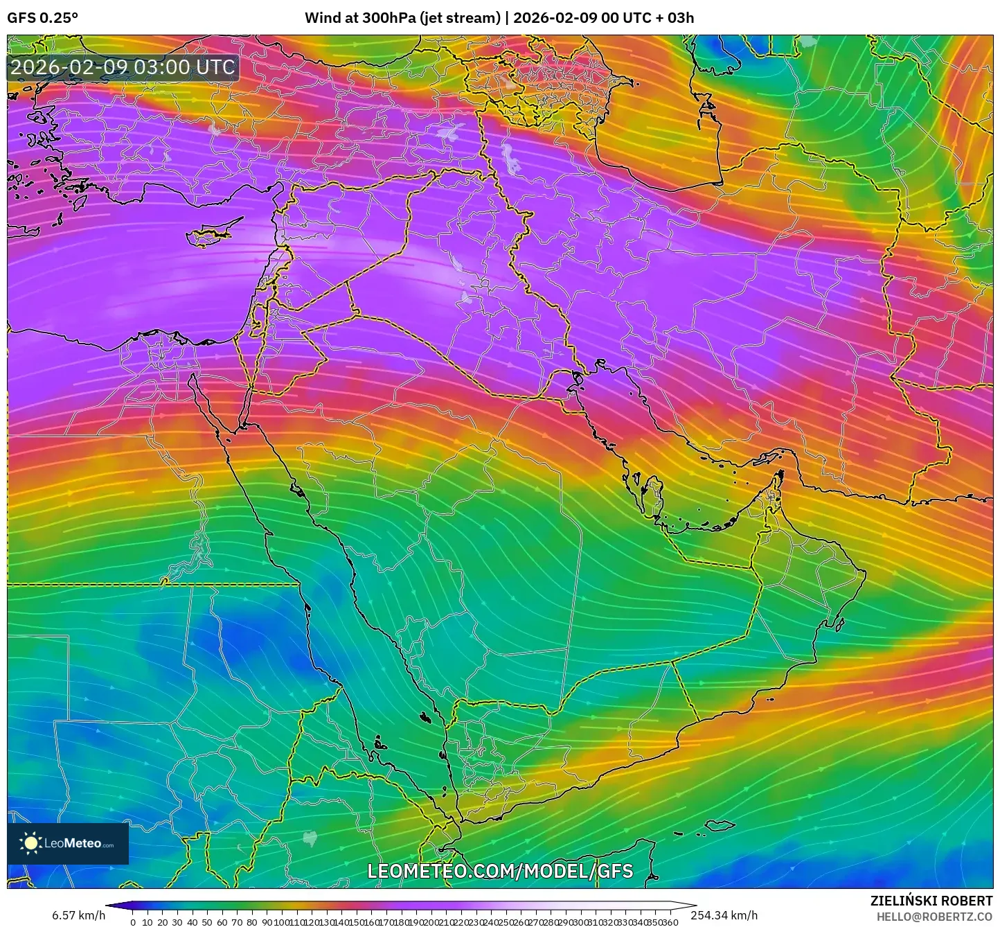 GFS model - Timur Tengah, Angin 300 hPa (aliran jet)