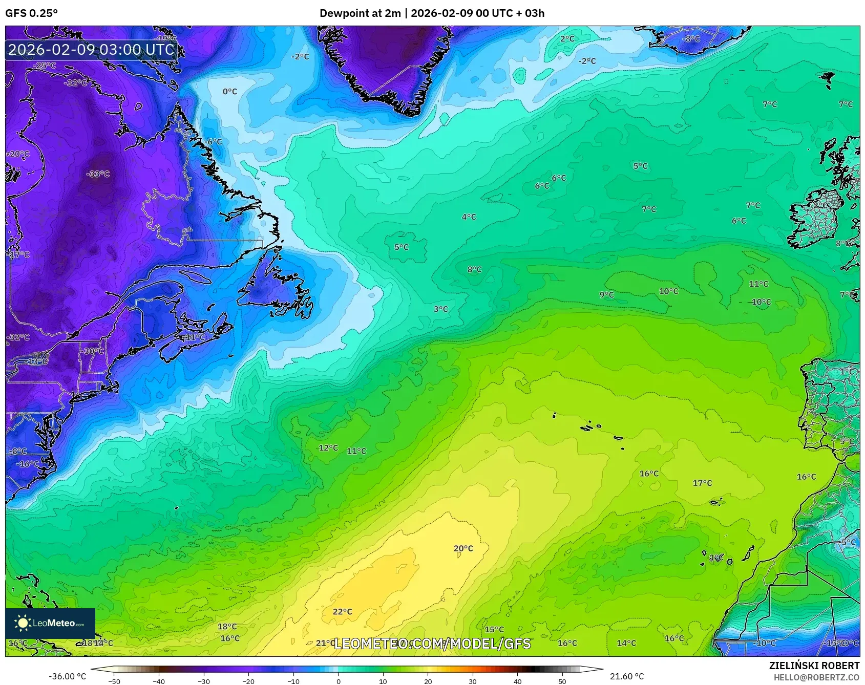 GFS model - Atlantik Utara, Takat Embun 2 m
