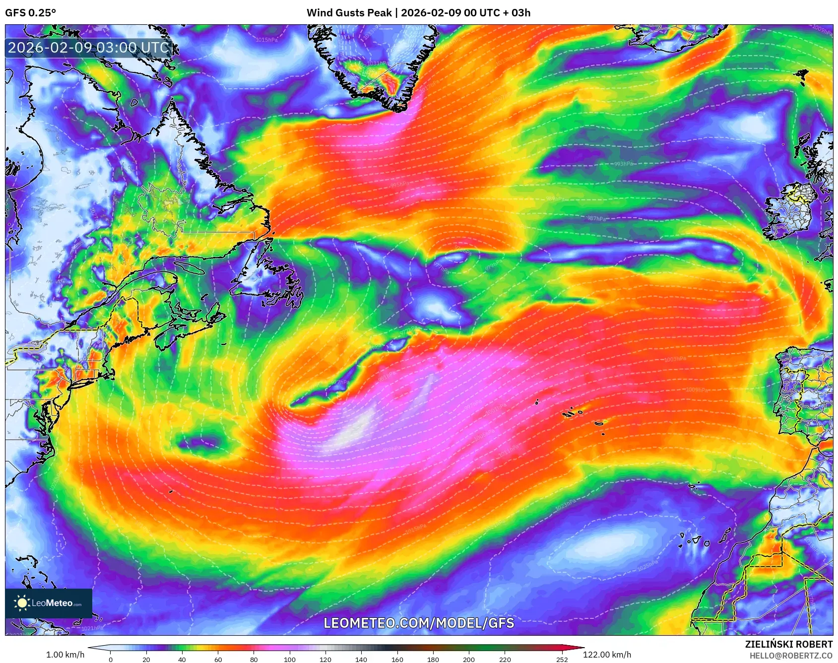 GFS model - Atlantik Utara, Hembusan Tertinggi