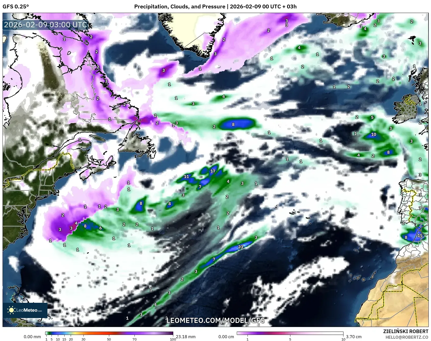 GFS model - Atlantik Utara, Hujan, Awan dan Tekanan