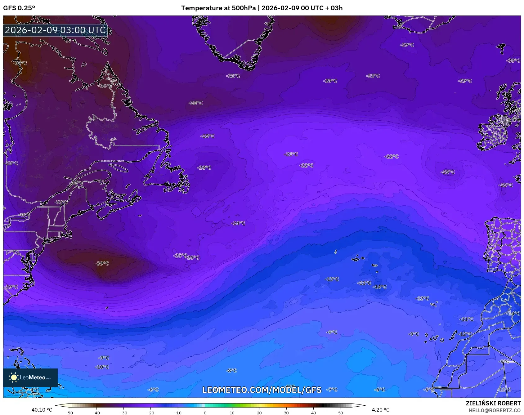 GFS model - Atlantik Utara, Suhu 500 hPa
