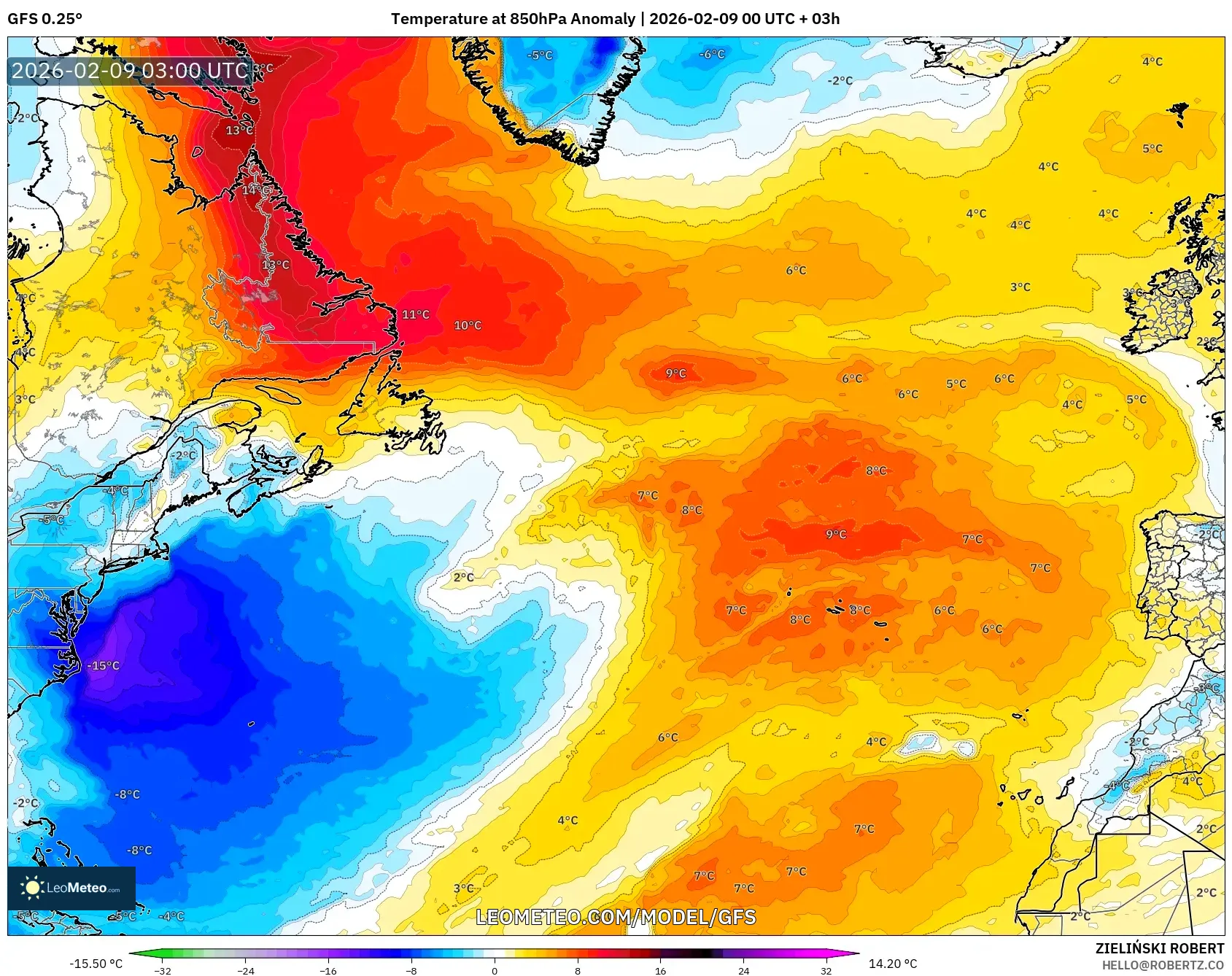 GFS model - Atlantik Utara, Anomali Suhu 850 hPa