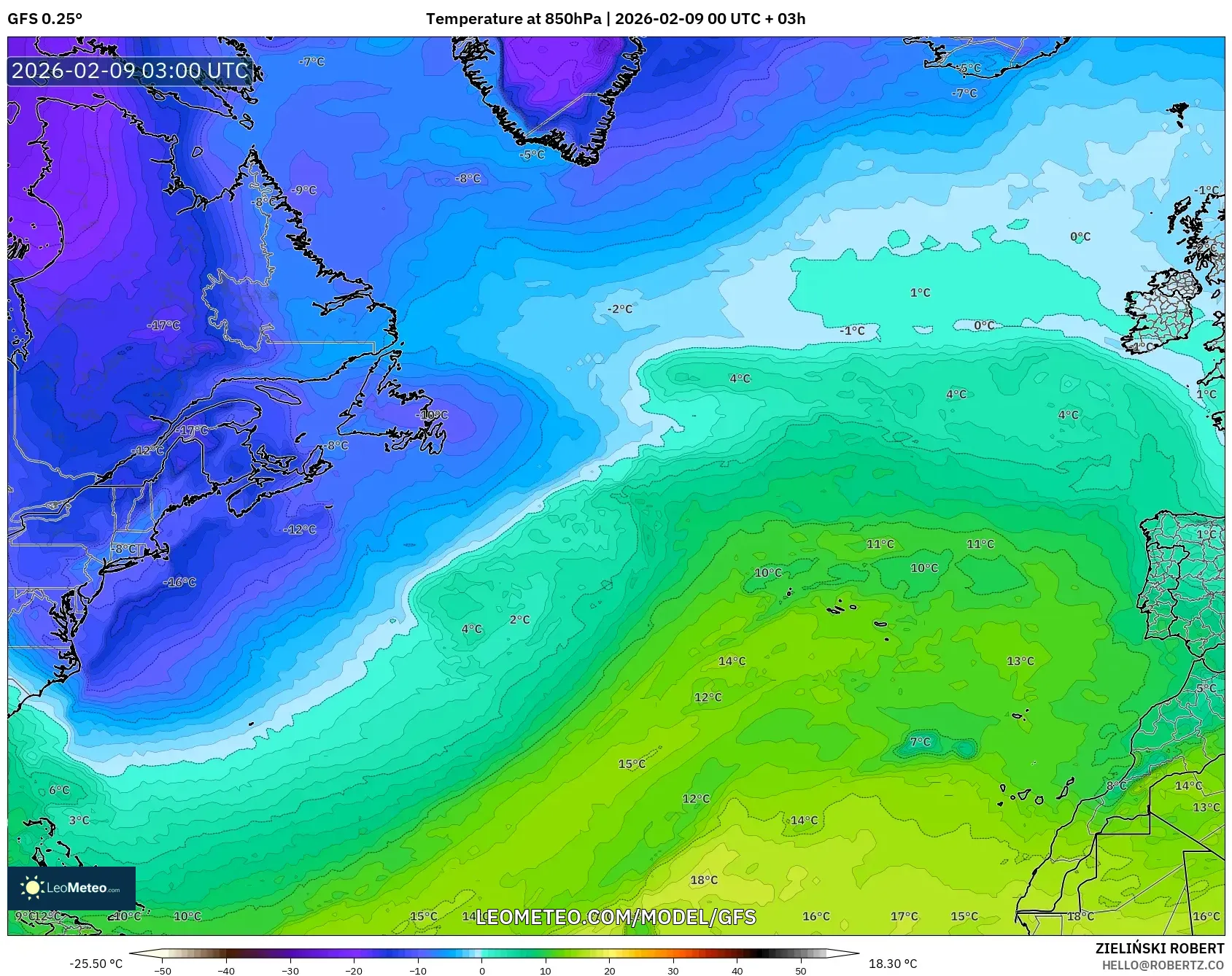 GFS model - Atlantik Utara, Suhu 850 hPa