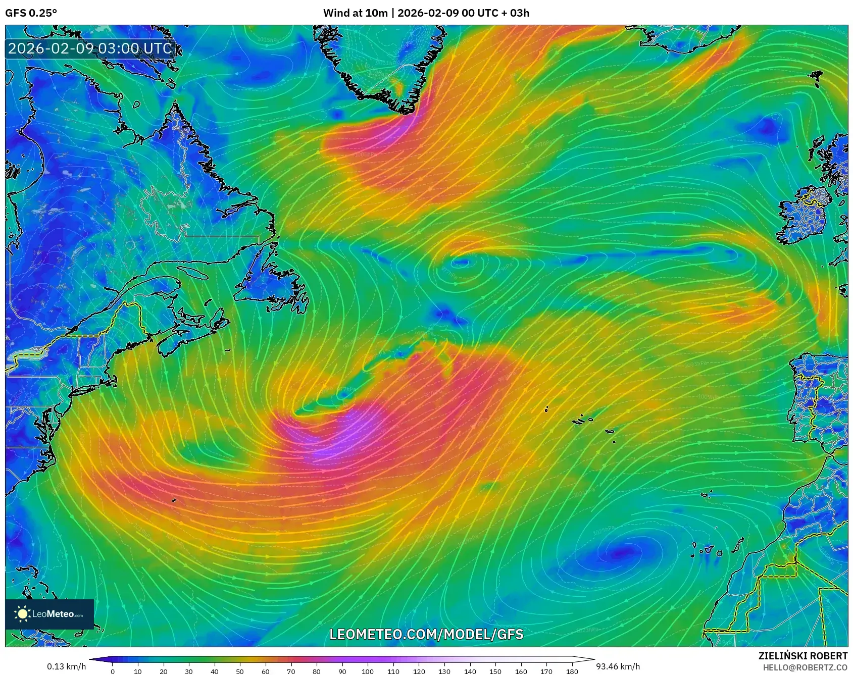 GFS model - Atlantik Utara, Angin 10 m