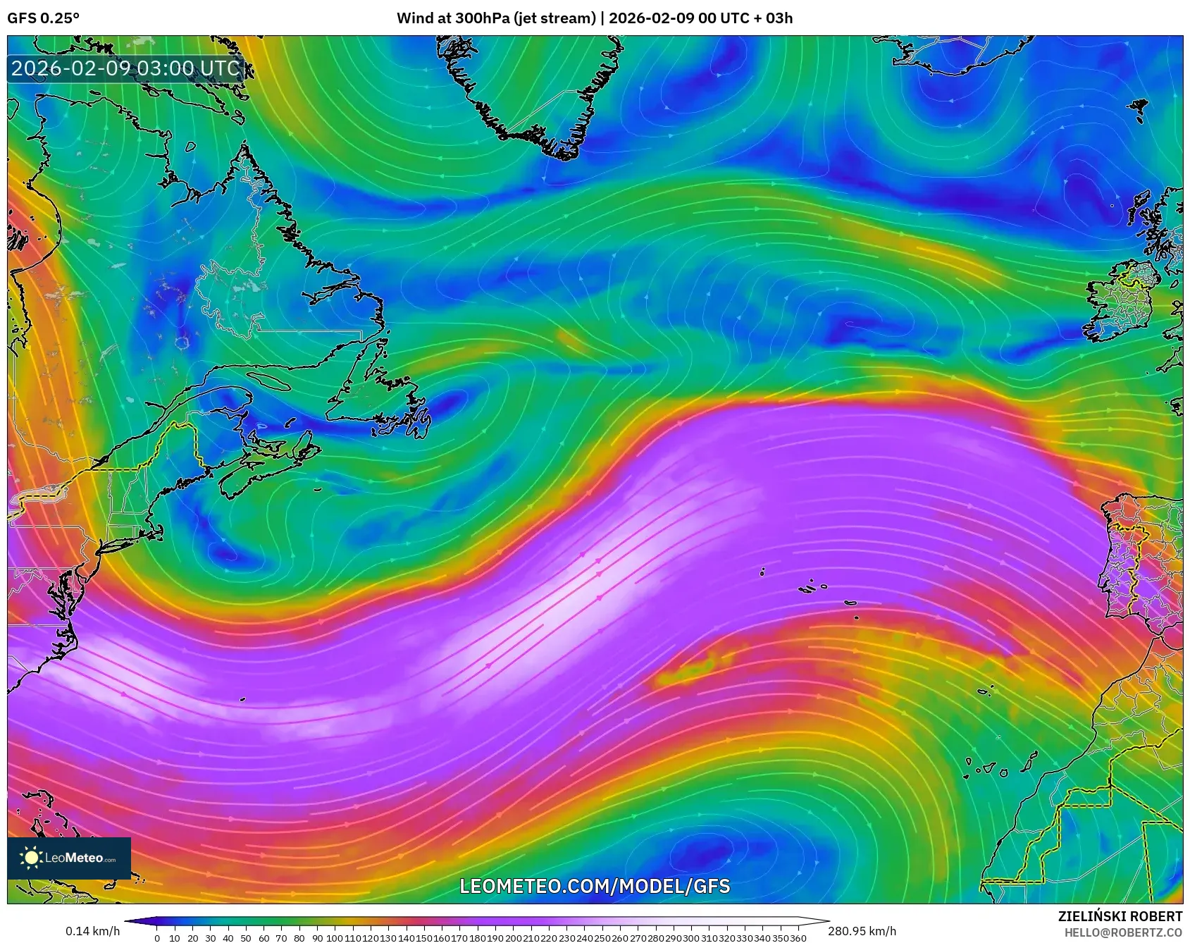 GFS model - Atlantik Utara, Angin 300 hPa (aliran jet)