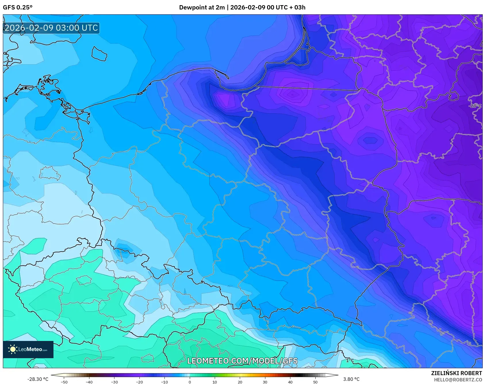 GFS model - Poland, Takat Embun 2 m