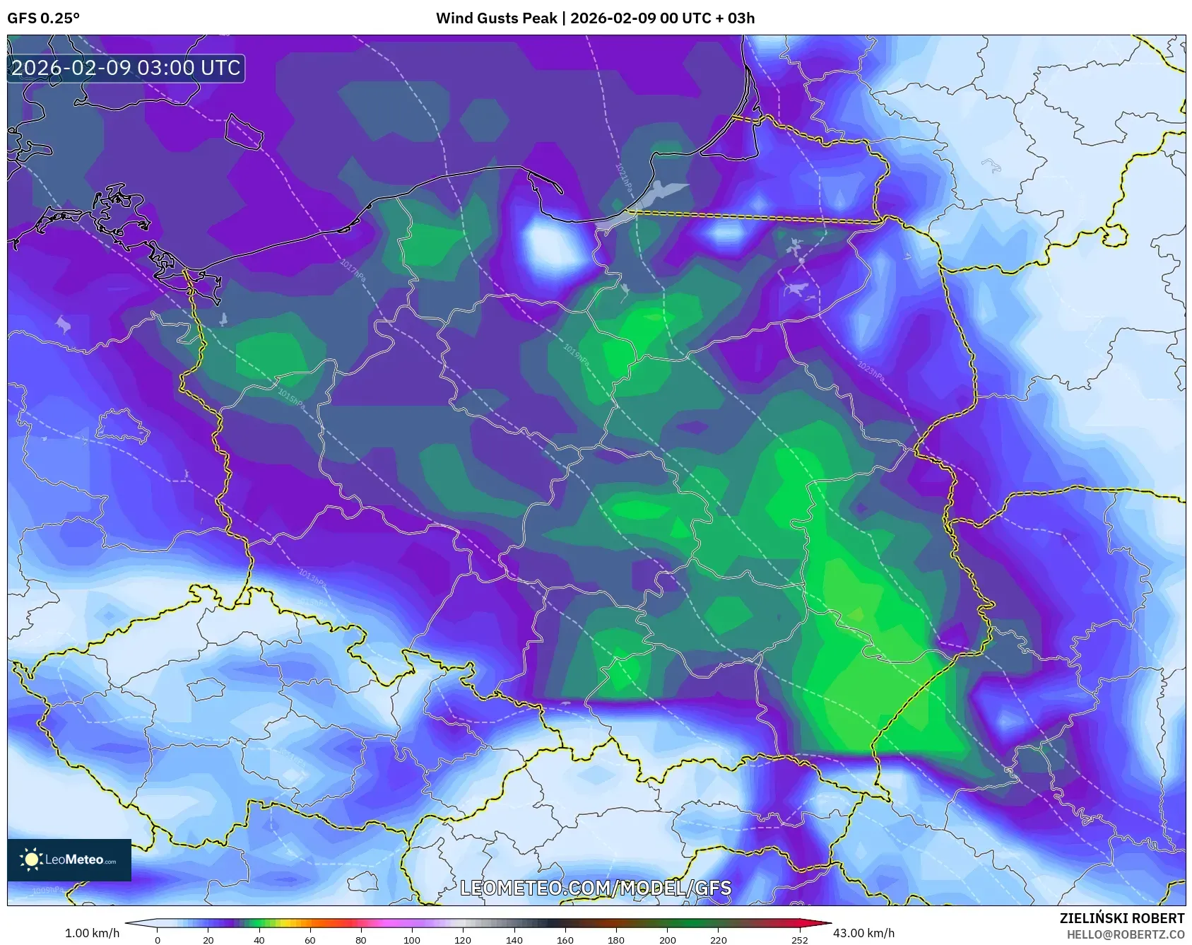 GFS model - Poland, Hembusan Tertinggi
