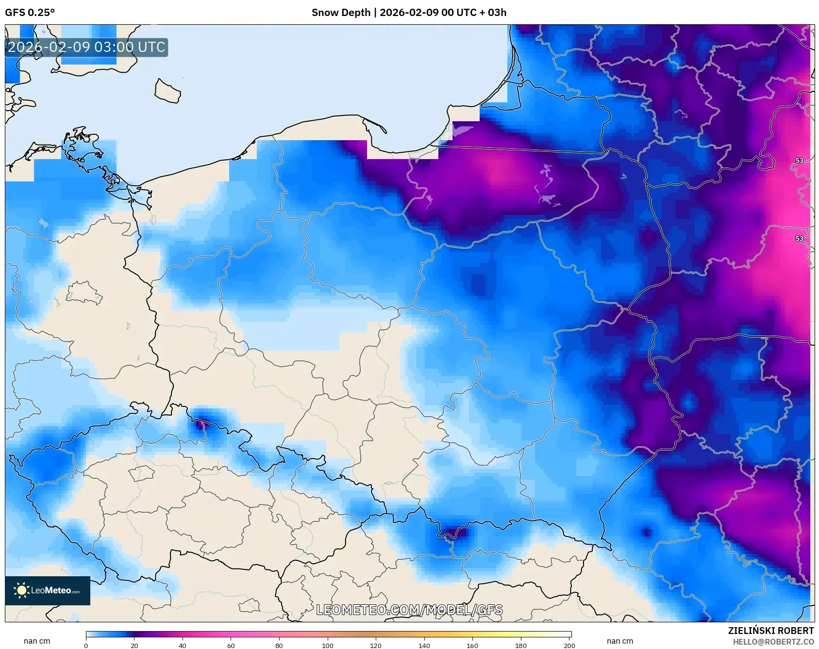 GFS model - Poland, Ketebalan Salji