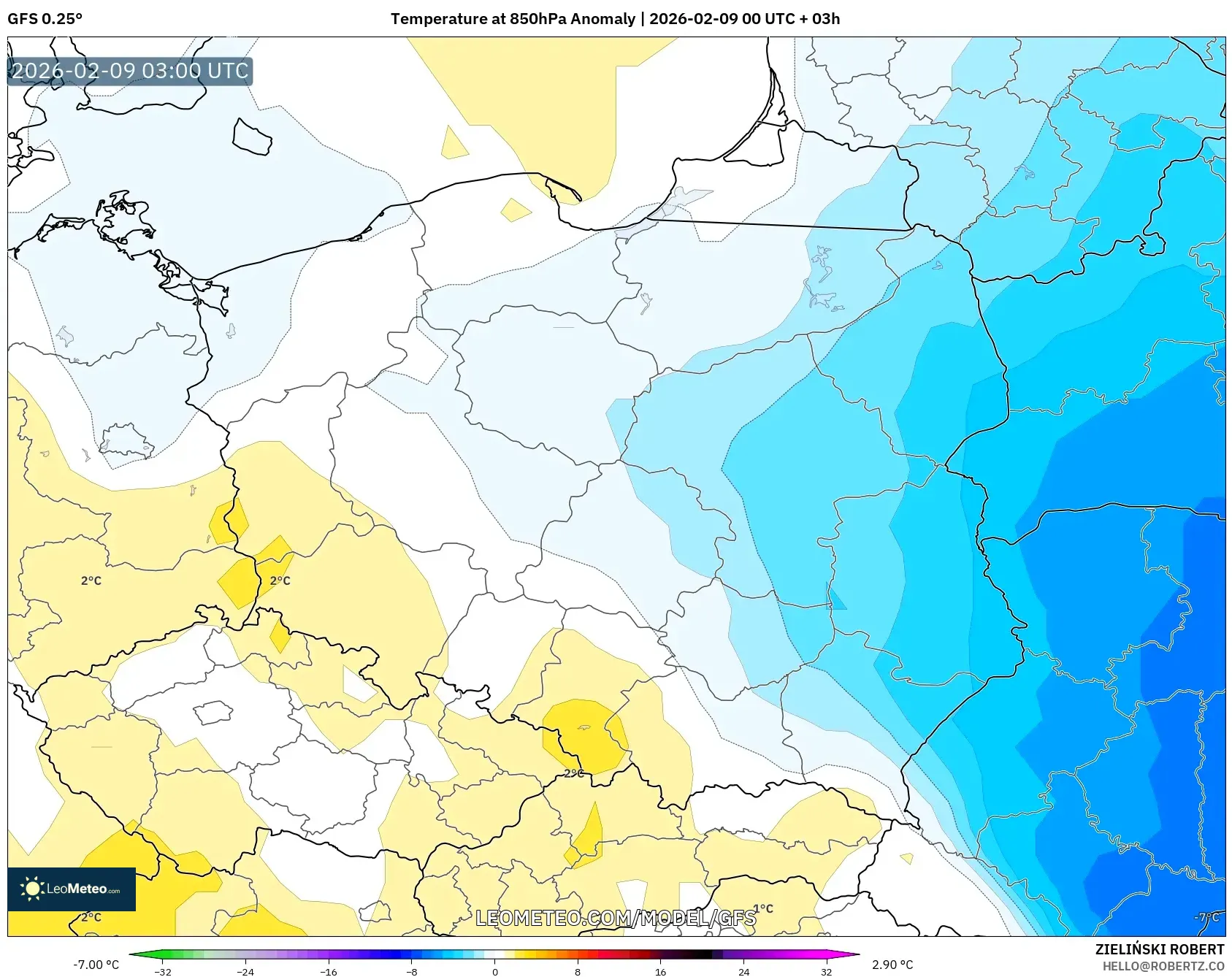 GFS model - Poland, Anomali Suhu 850 hPa