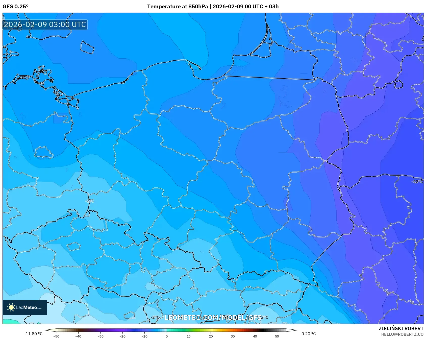 GFS model - Poland, Suhu 850 hPa