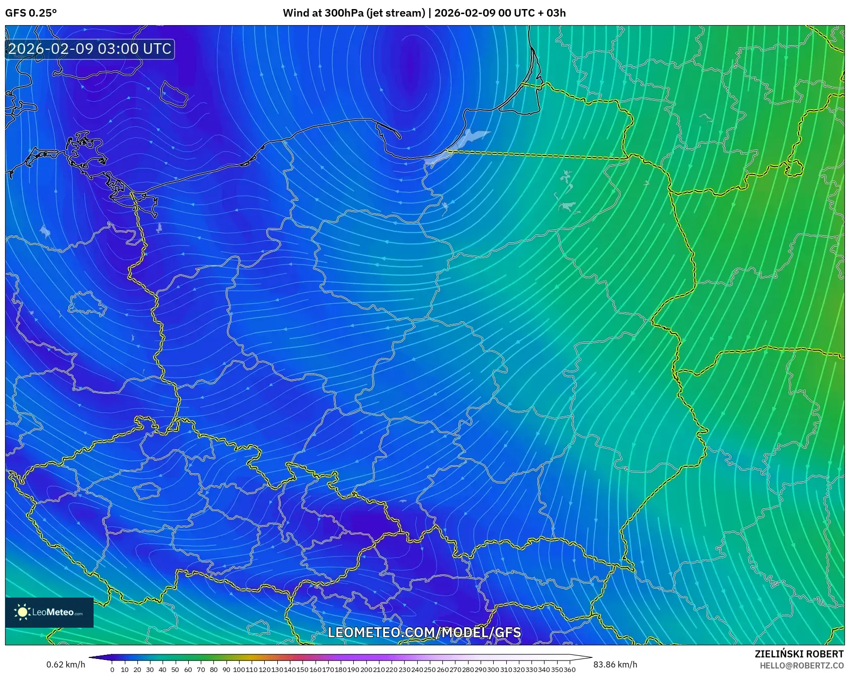 GFS model - Poland, Angin 300 hPa (aliran jet)