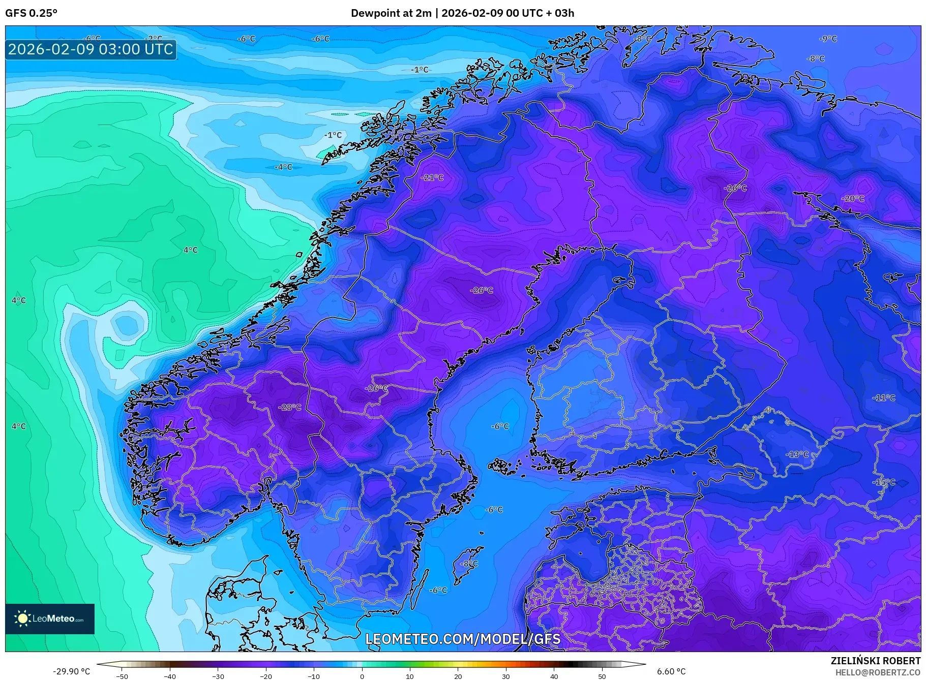 GFS model - Skandinavia, Takat Embun 2 m