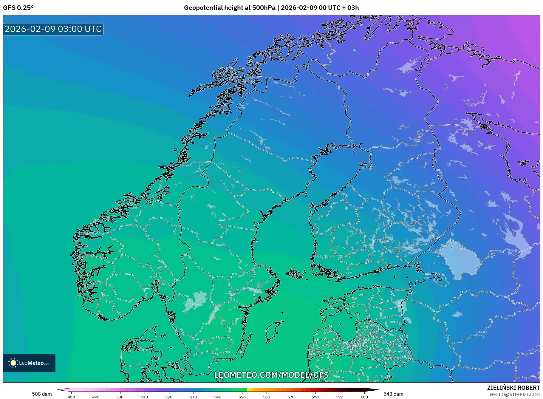 GFS model - Skandinavia, Ketinggian geopotensial pada 500 hPa