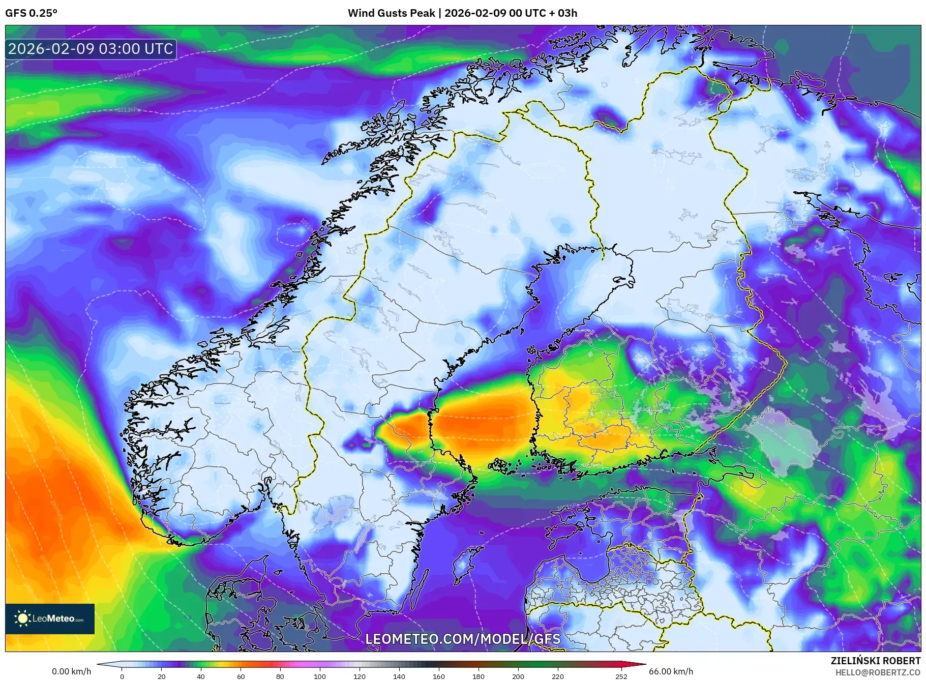 GFS model - Skandinavia, Hembusan Tertinggi