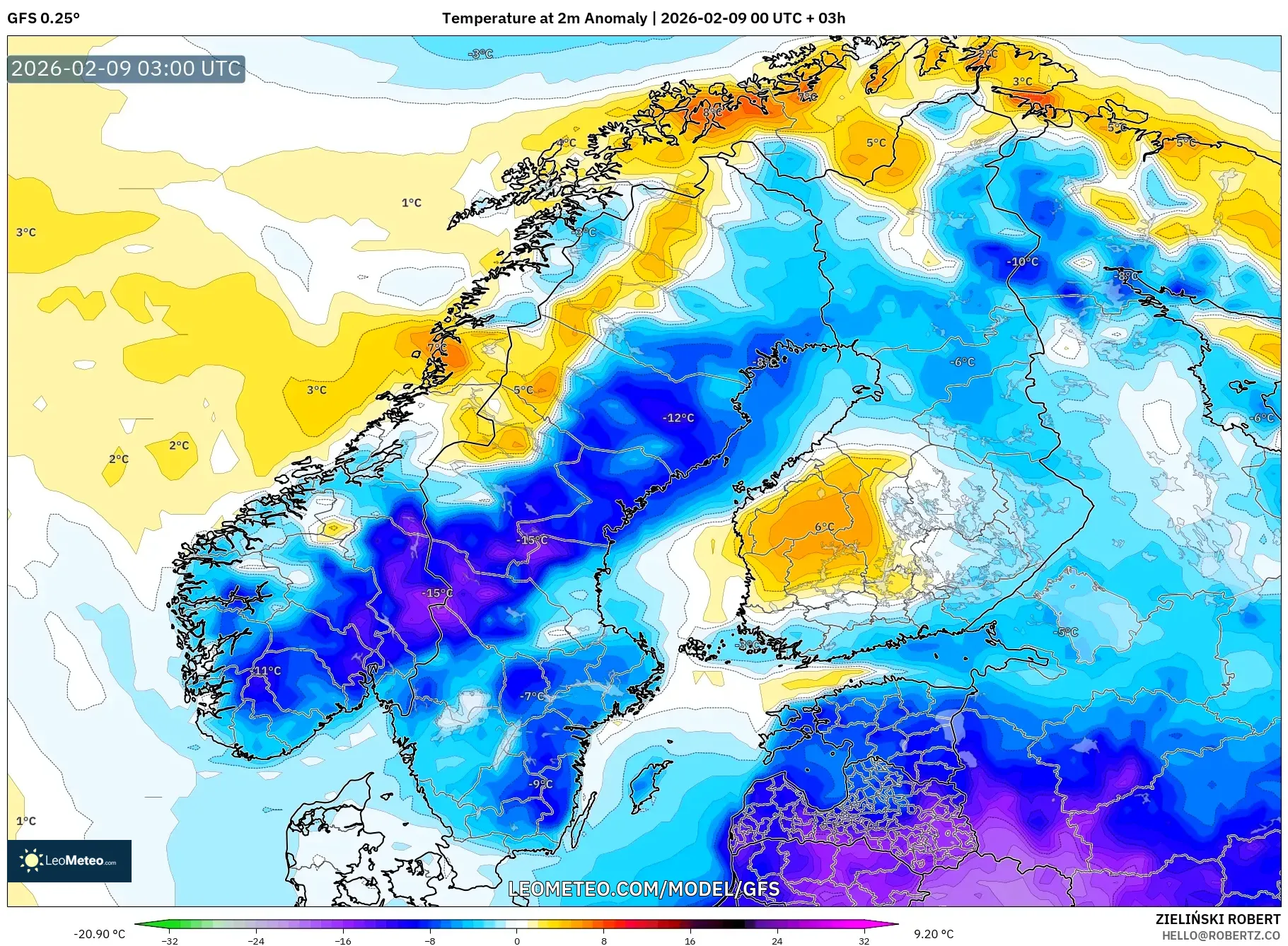 GFS model - Skandinavia, Anomali Suhu 2 m