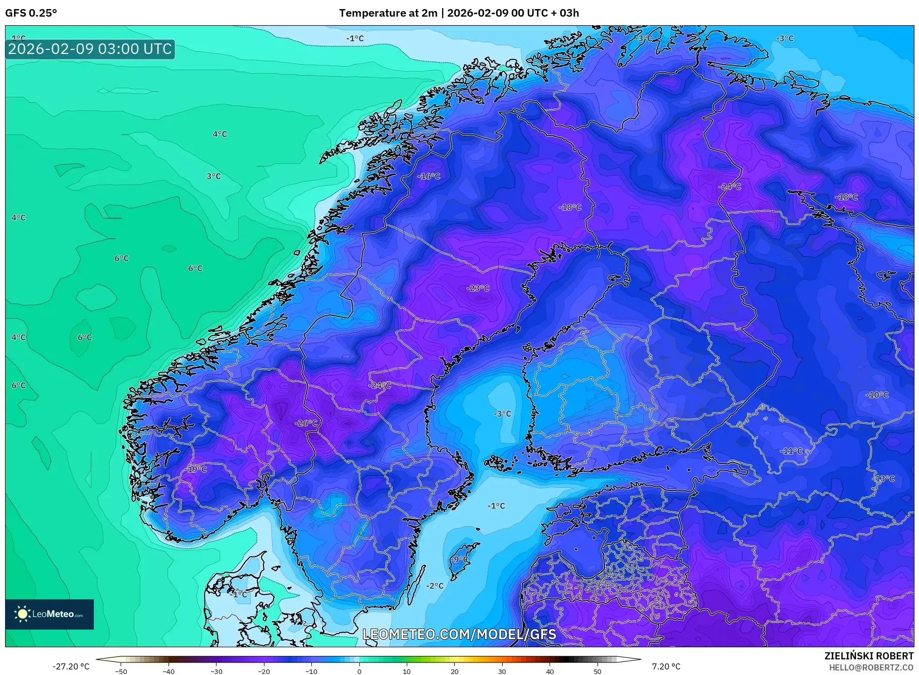 GFS model - Skandinavia, Suhu pada 2 m