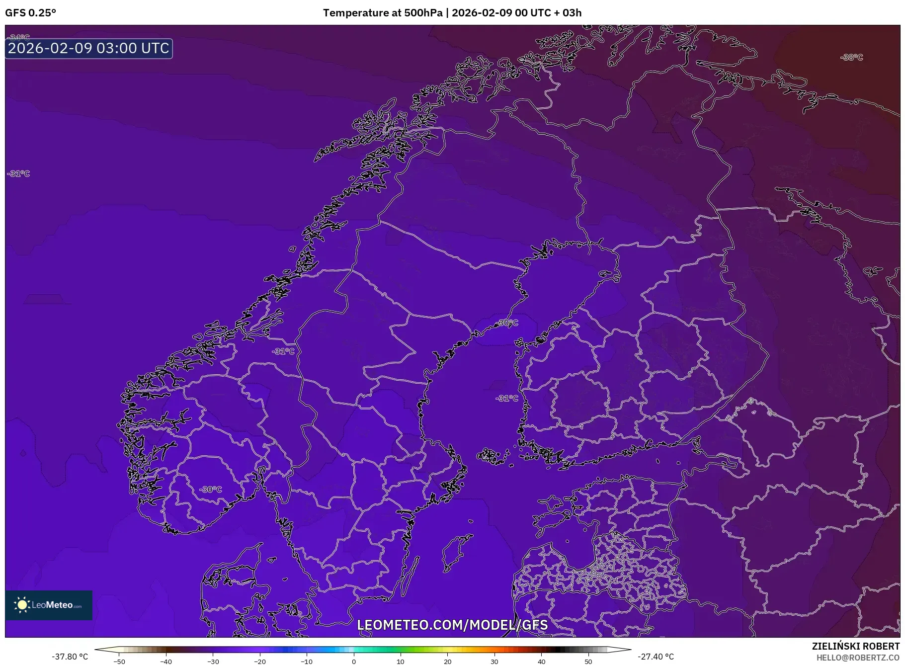 GFS model - Skandinavia, Suhu 500 hPa